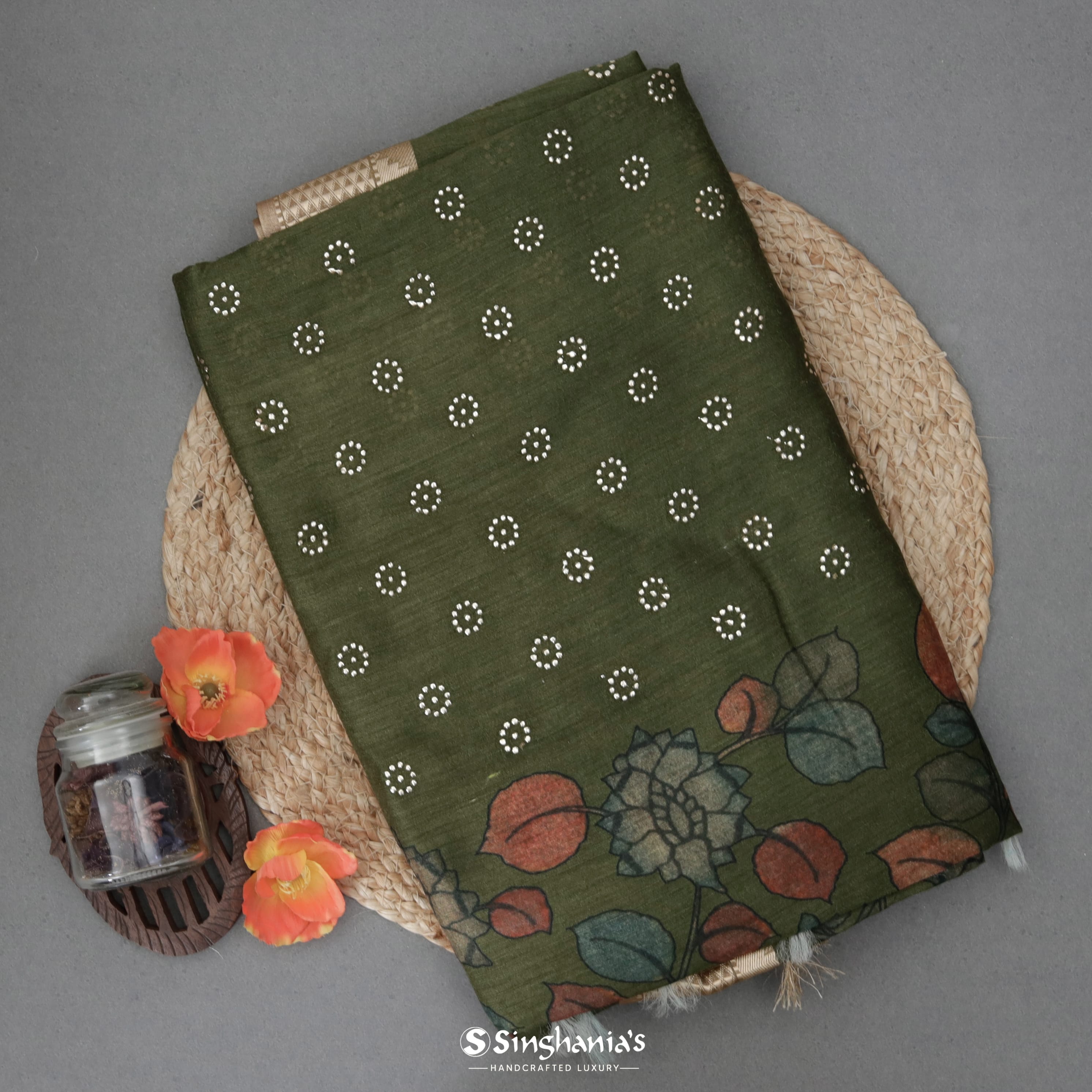 Moss Green Moonga Mukaish Silk Saree With Floral Buttas