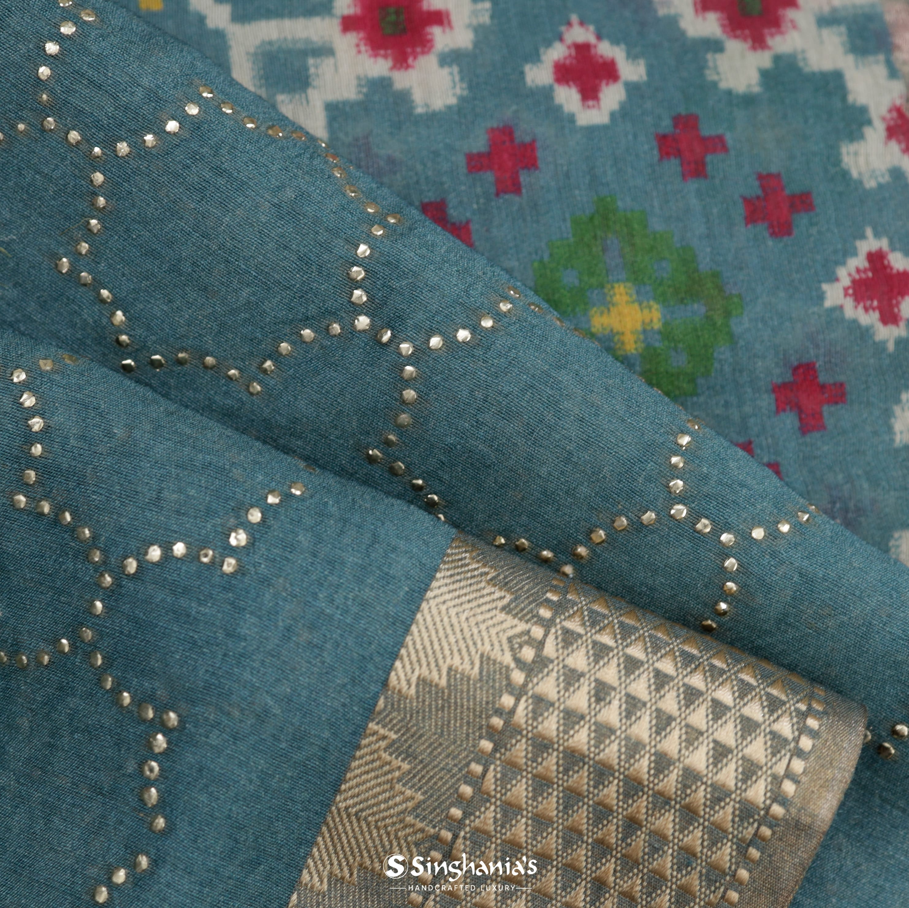 Cambrigde Blue Moonga Mukaish Silk Saree With Jaal Design
