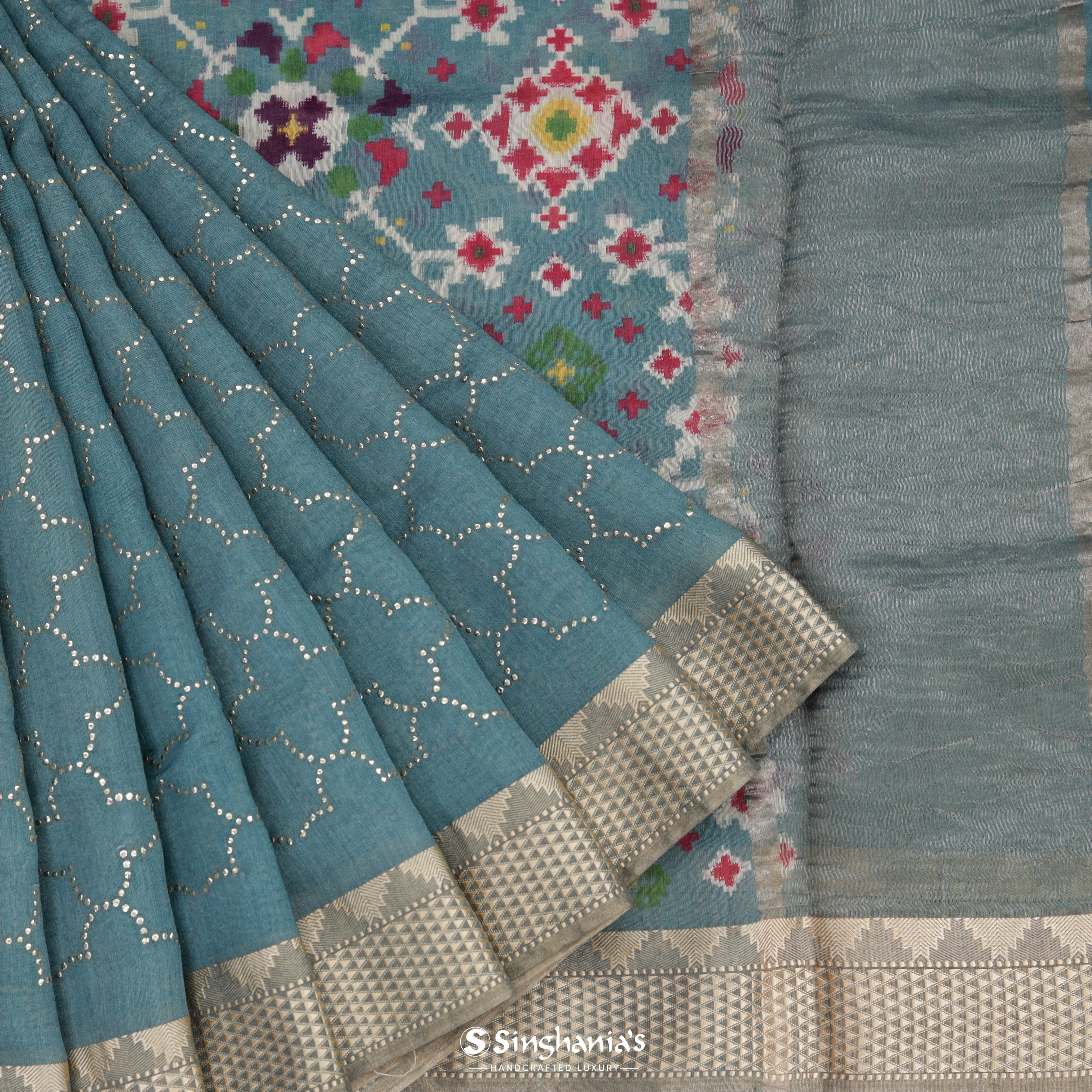 Cambrigde Blue Moonga Mukaish Silk Saree With Jaal Design