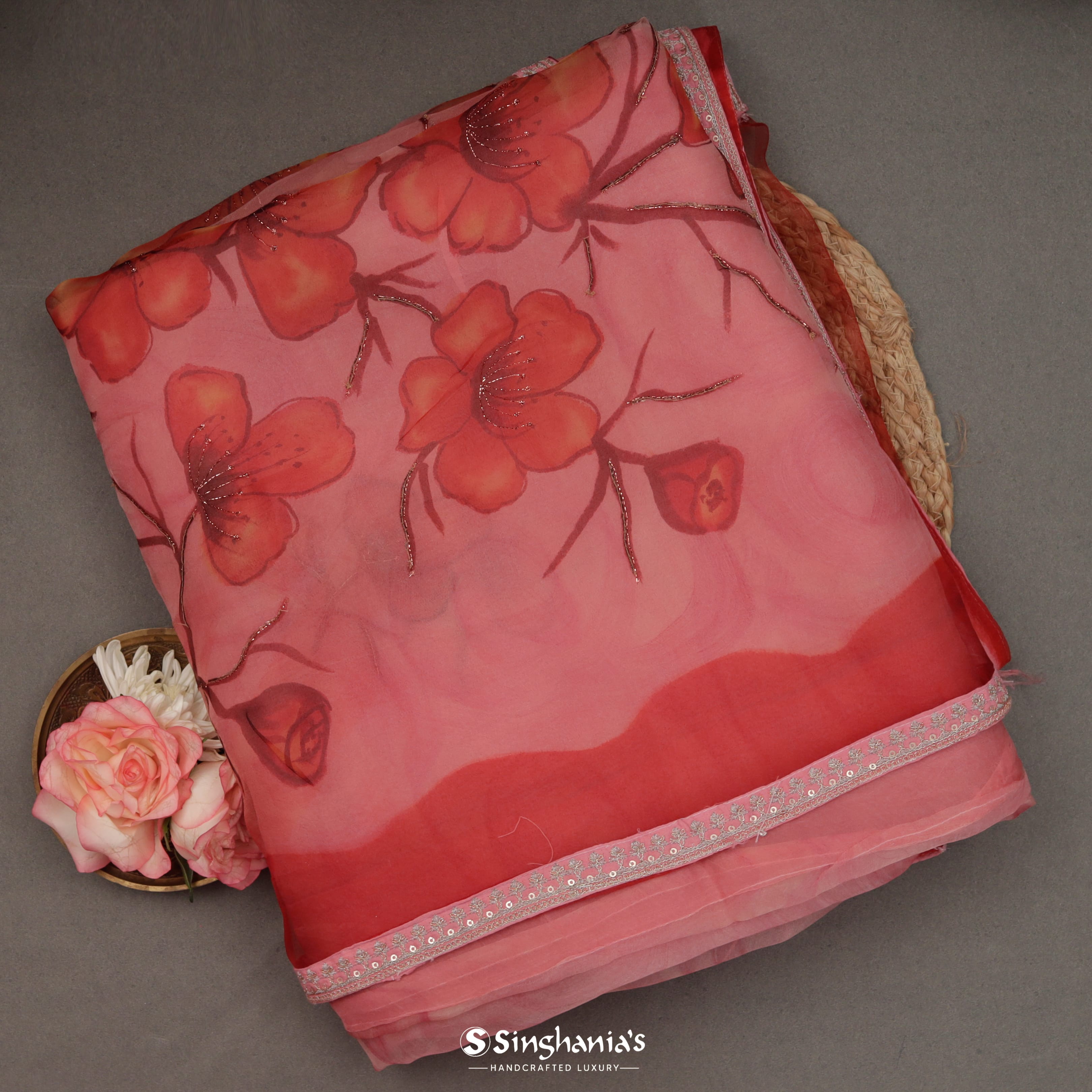 Red Pink Organza Printed Saree With Floral Pattern