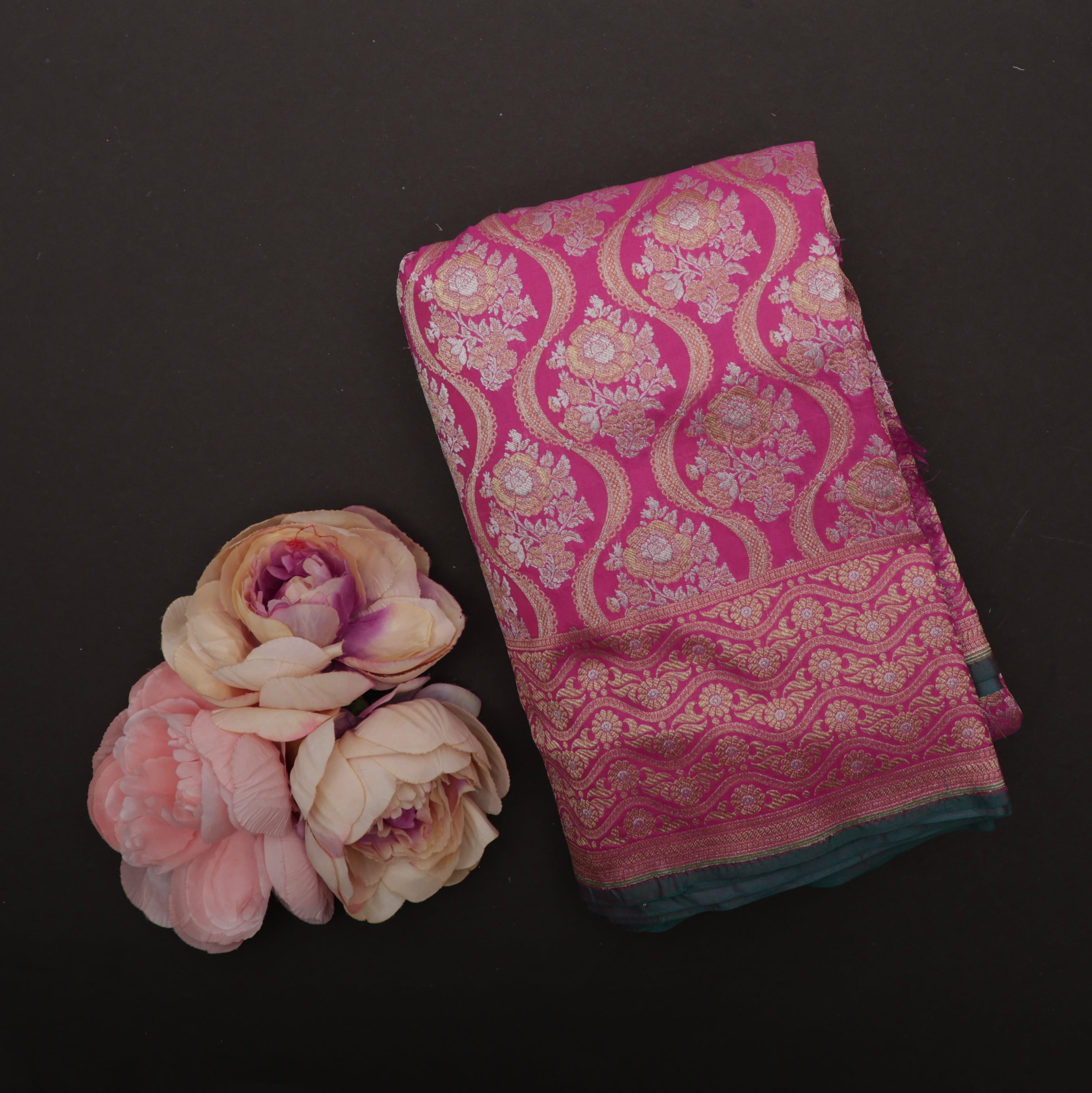 Dark Pink Banarasi Silk Saree With Floral Jaal Weaving