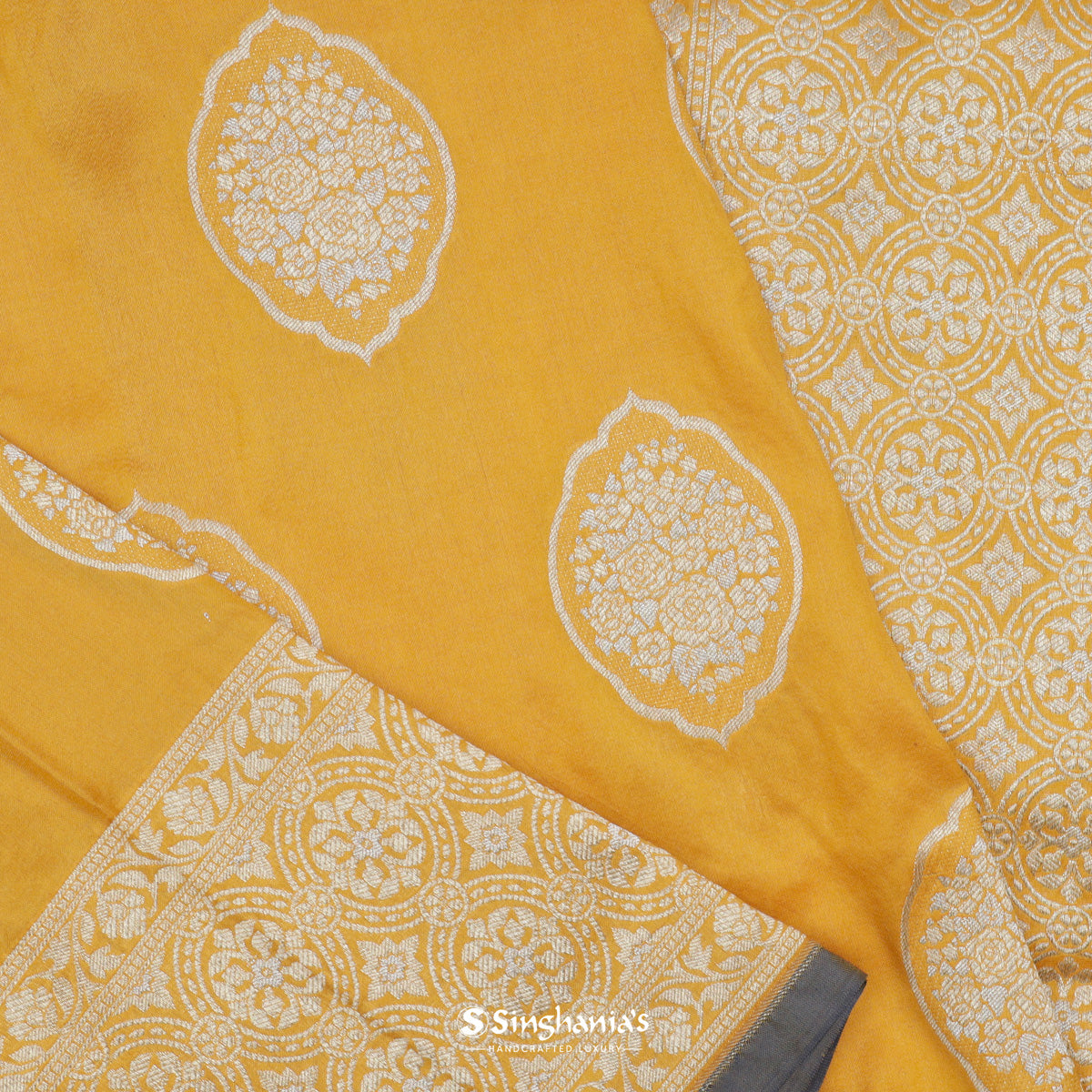 Colza Yellow Banarasi Silk Saree With Floral Buttas Weaving