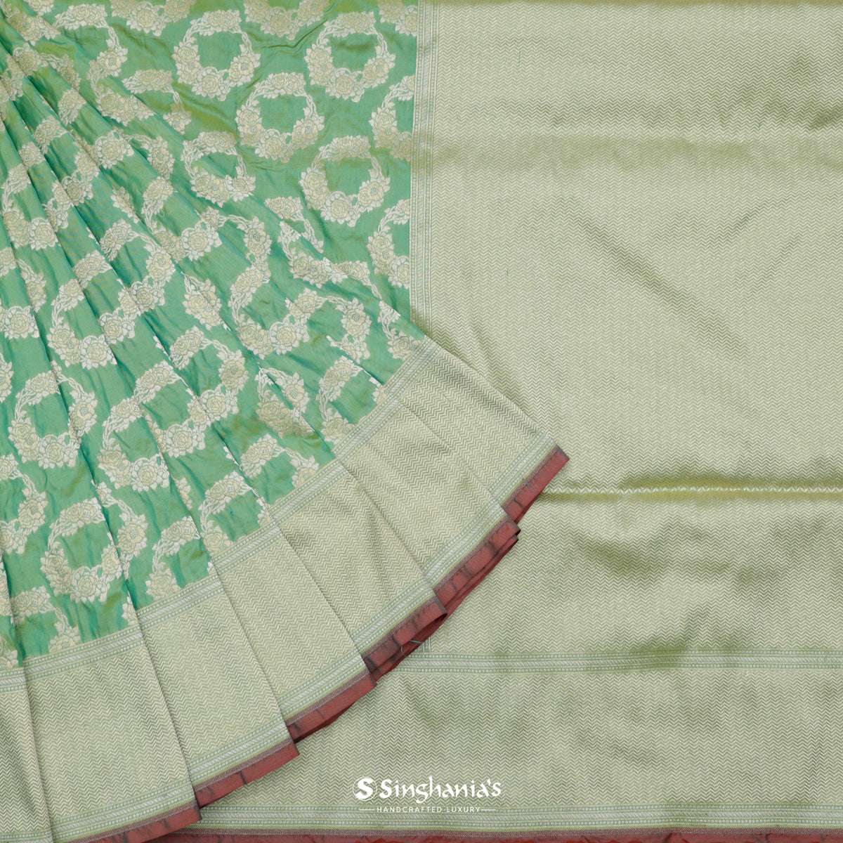 Dark Sea Green Banarasi Silk Saree With Floral Buttas Weaving