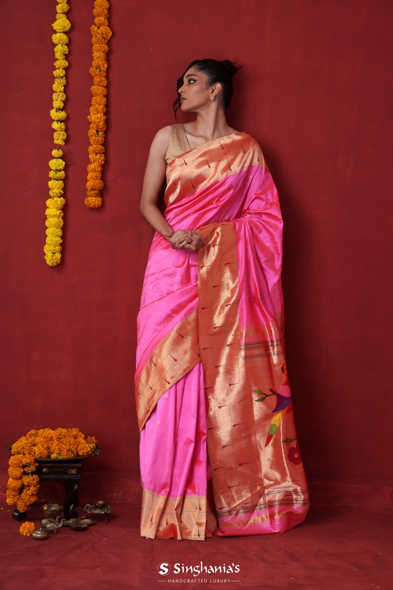 Hot Pink Paithani Silk Saree With Munia Border