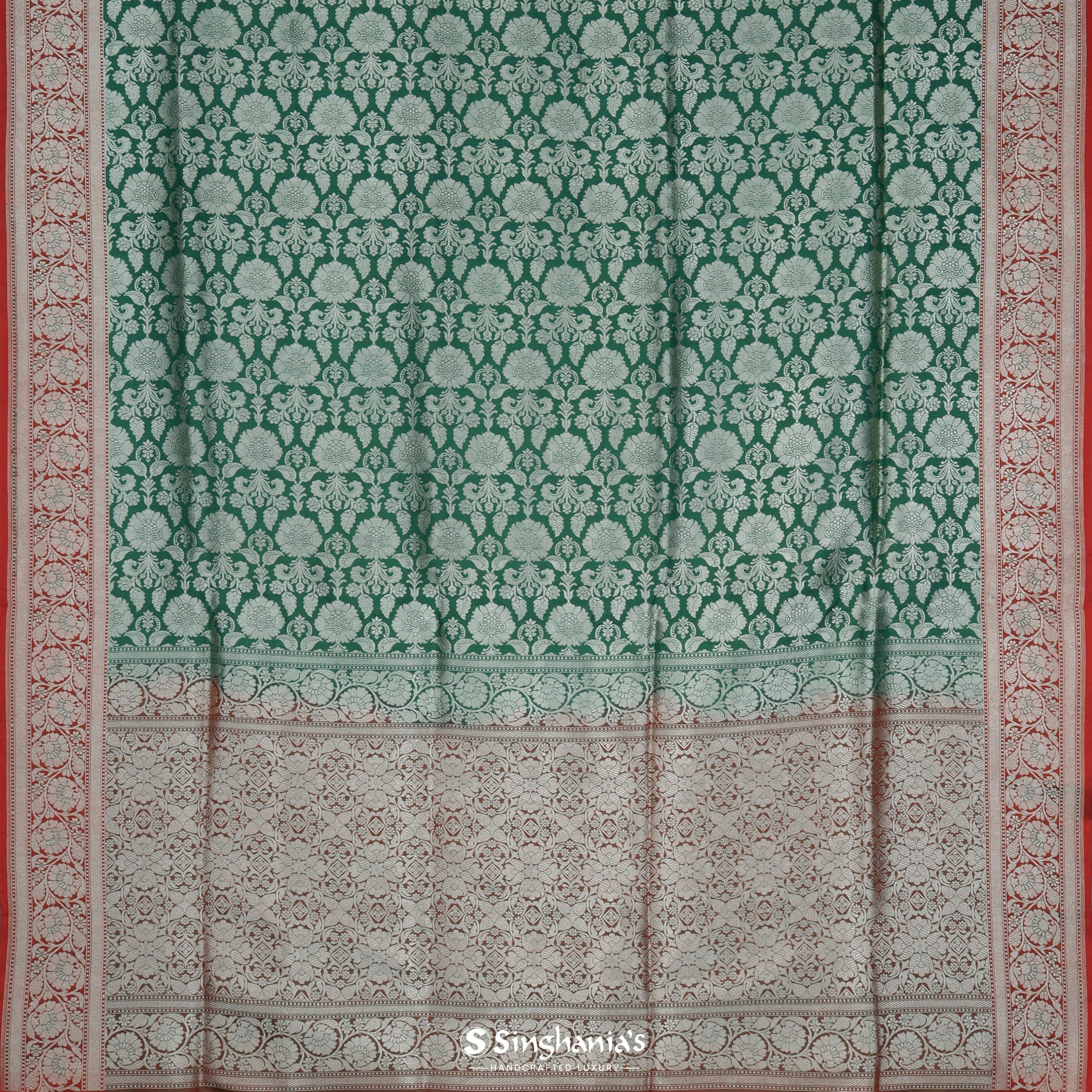 Hunter Green Banarasi Silk Saree With Floral Motifs
