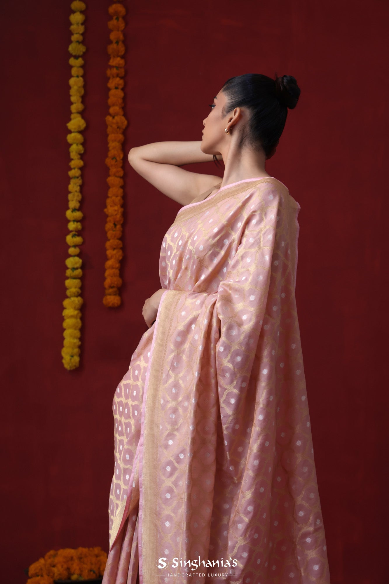 Peach Pink Tissue Banarasi Saree With Ogival Weaving