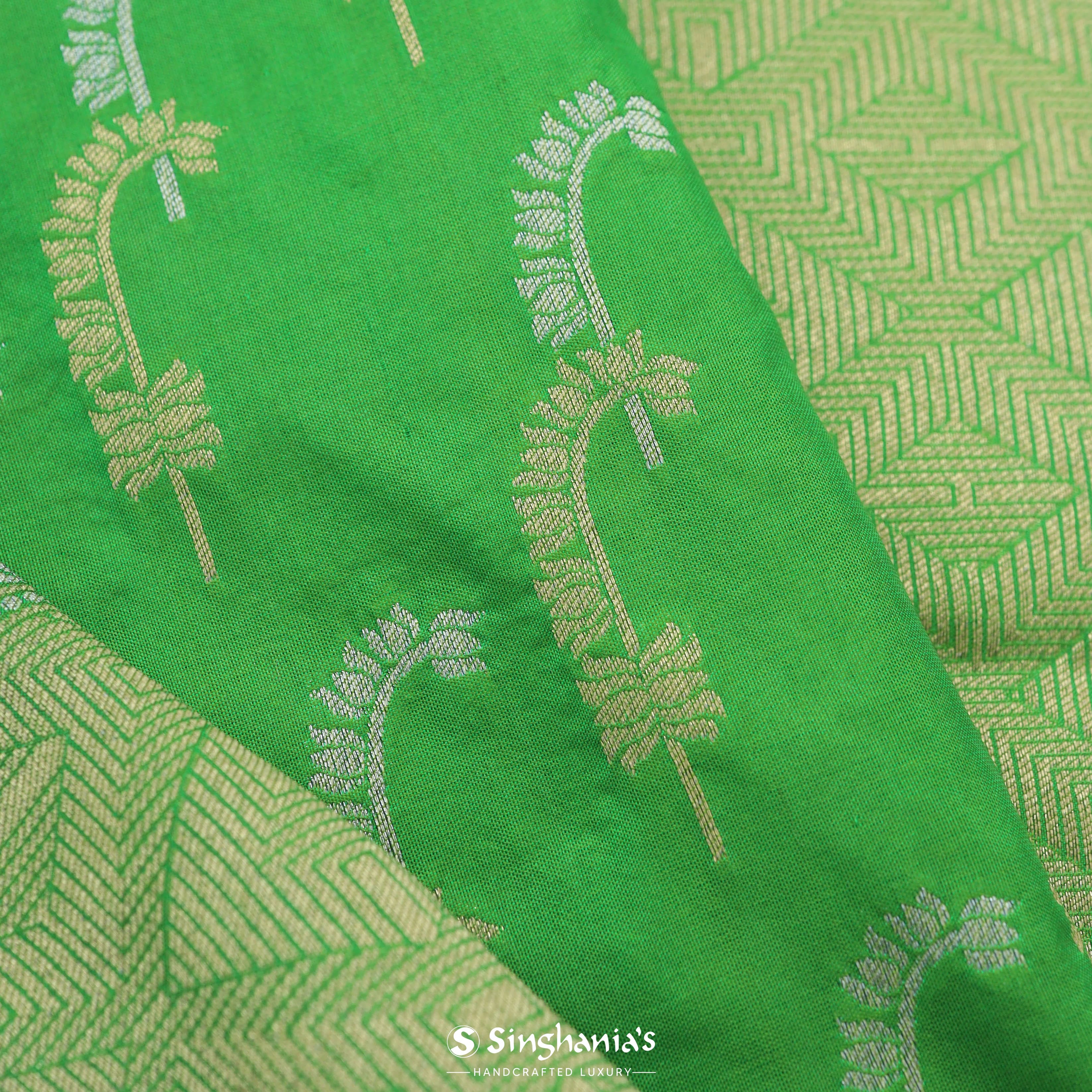 Parrot Green Banarasi Silk Saree With Fern Motifs
