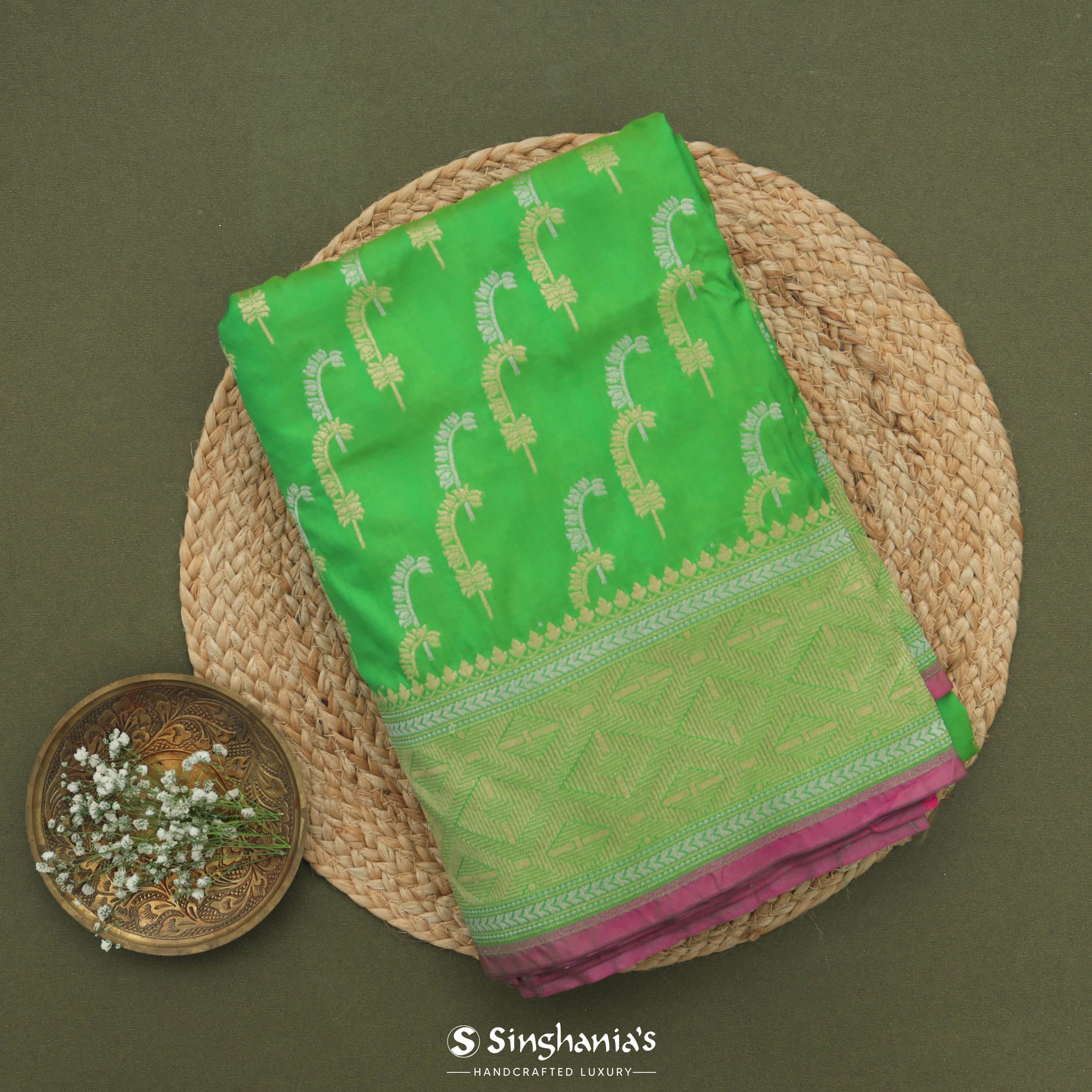 Parrot Green Banarasi Silk Saree With Fern Motifs