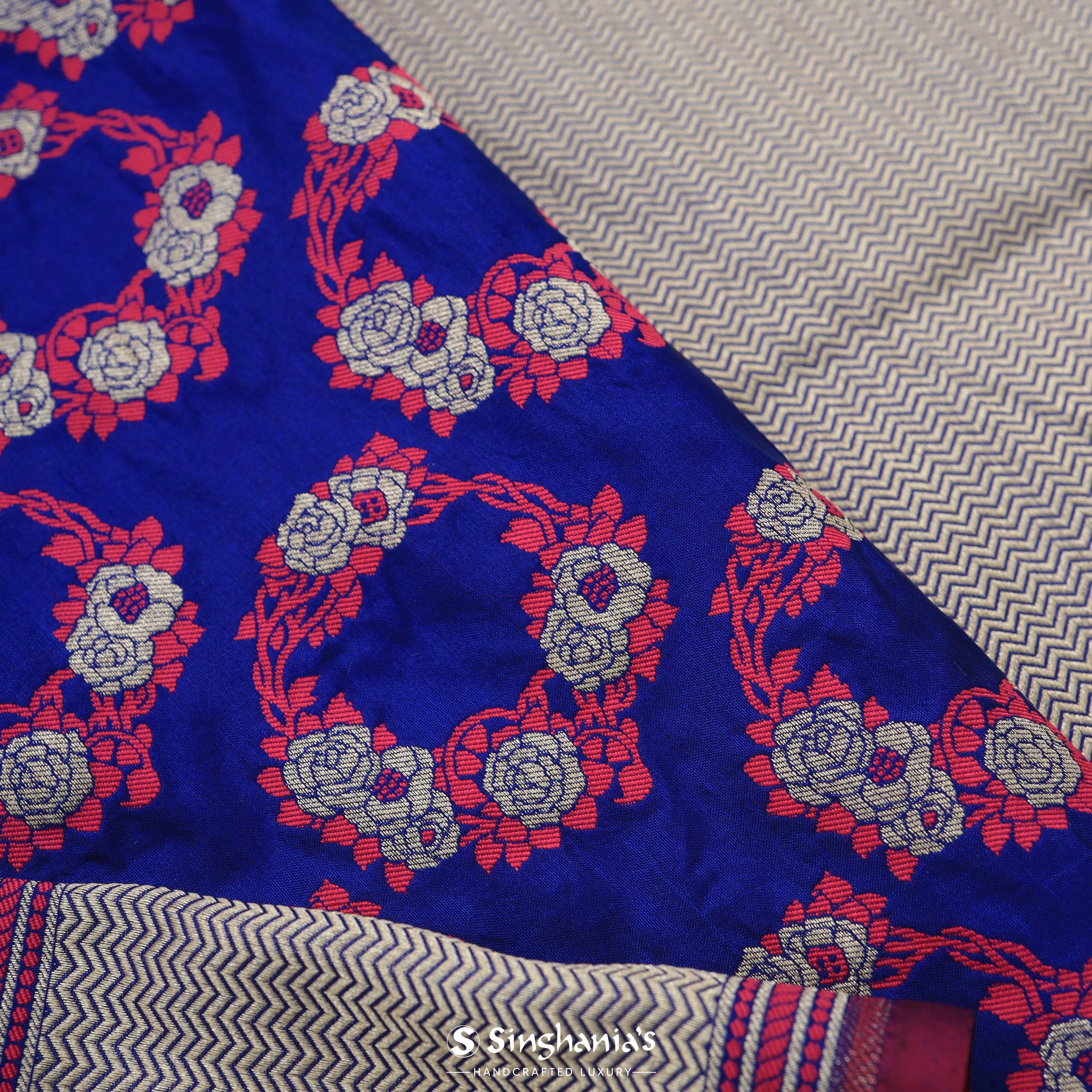 Ultramarine Blue Banarasi Silk Saree With Floral Wreath Motifs