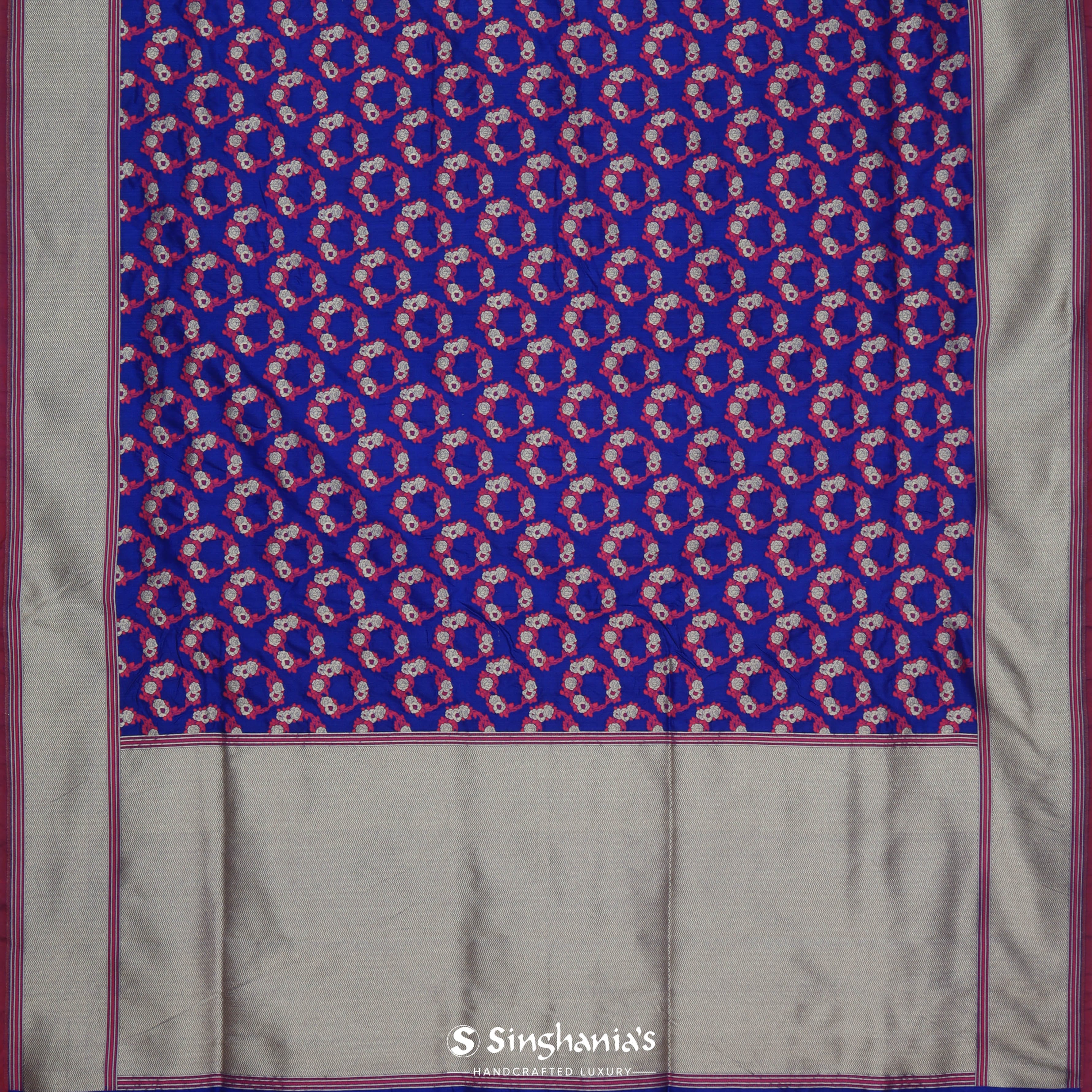 Ultramarine Blue Banarasi Silk Saree With Floral Wreath Motifs