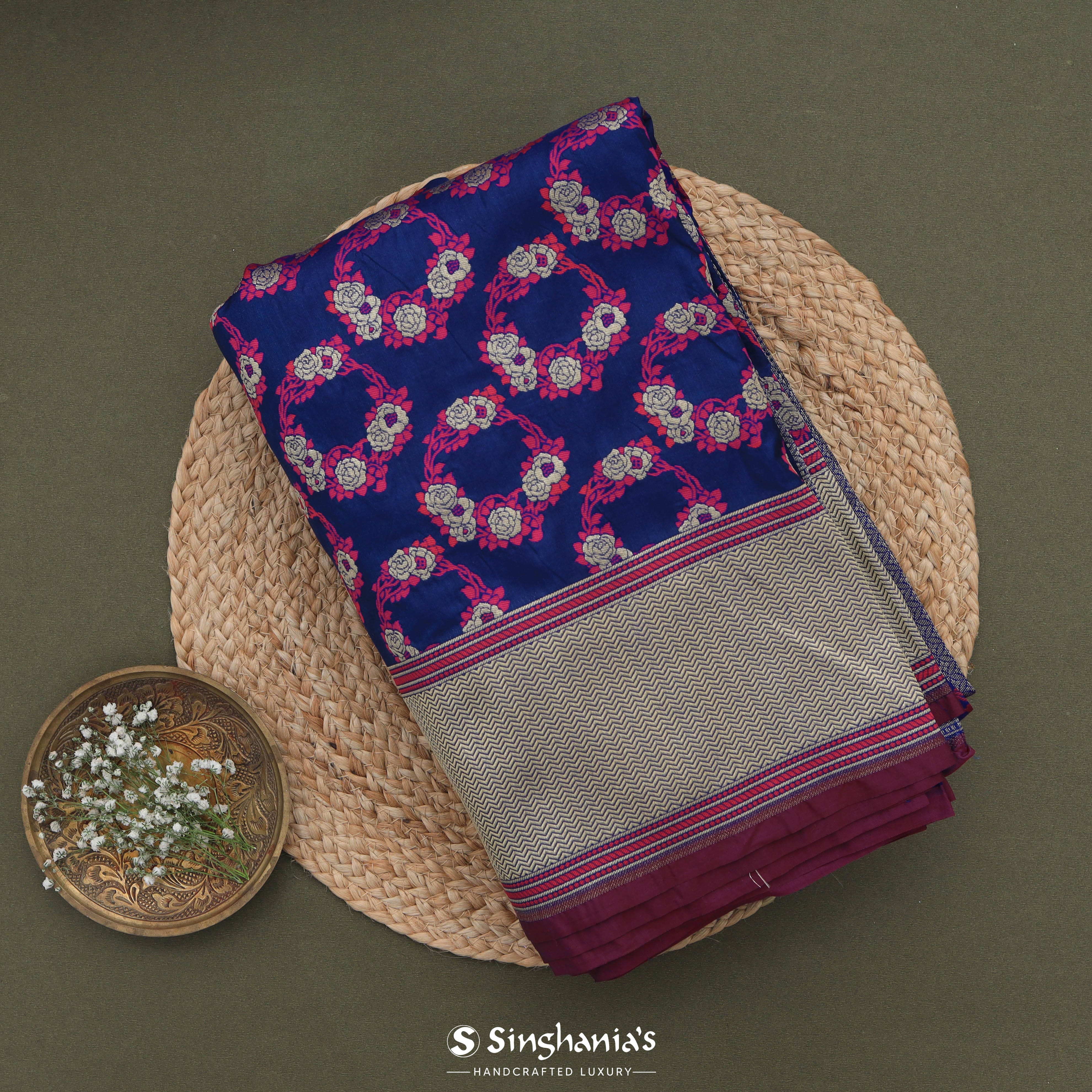 Ultramarine Blue Banarasi Silk Saree With Floral Wreath Motifs