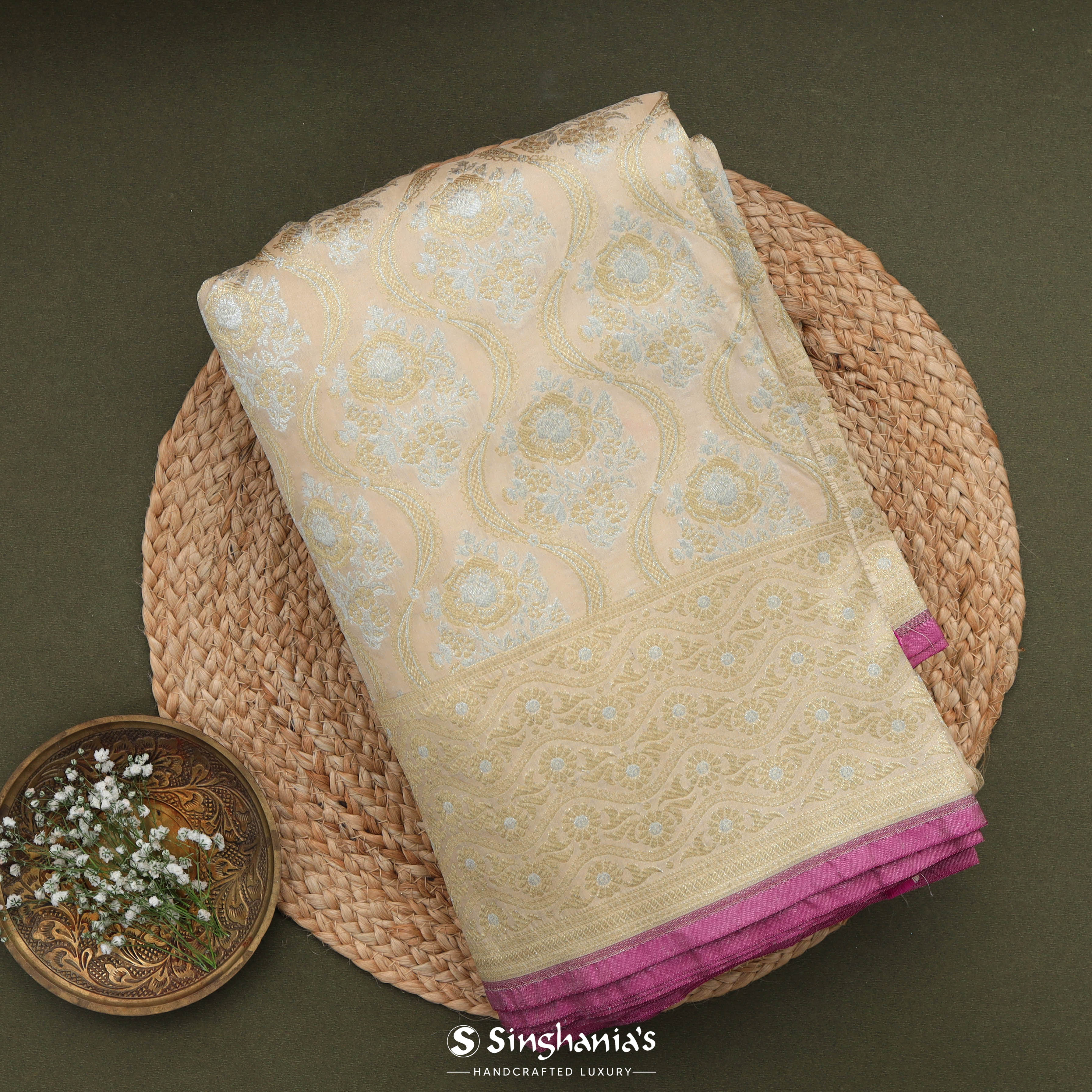 Bisque Brown Banarasi Silk Saree With Floral Jaal Motifs