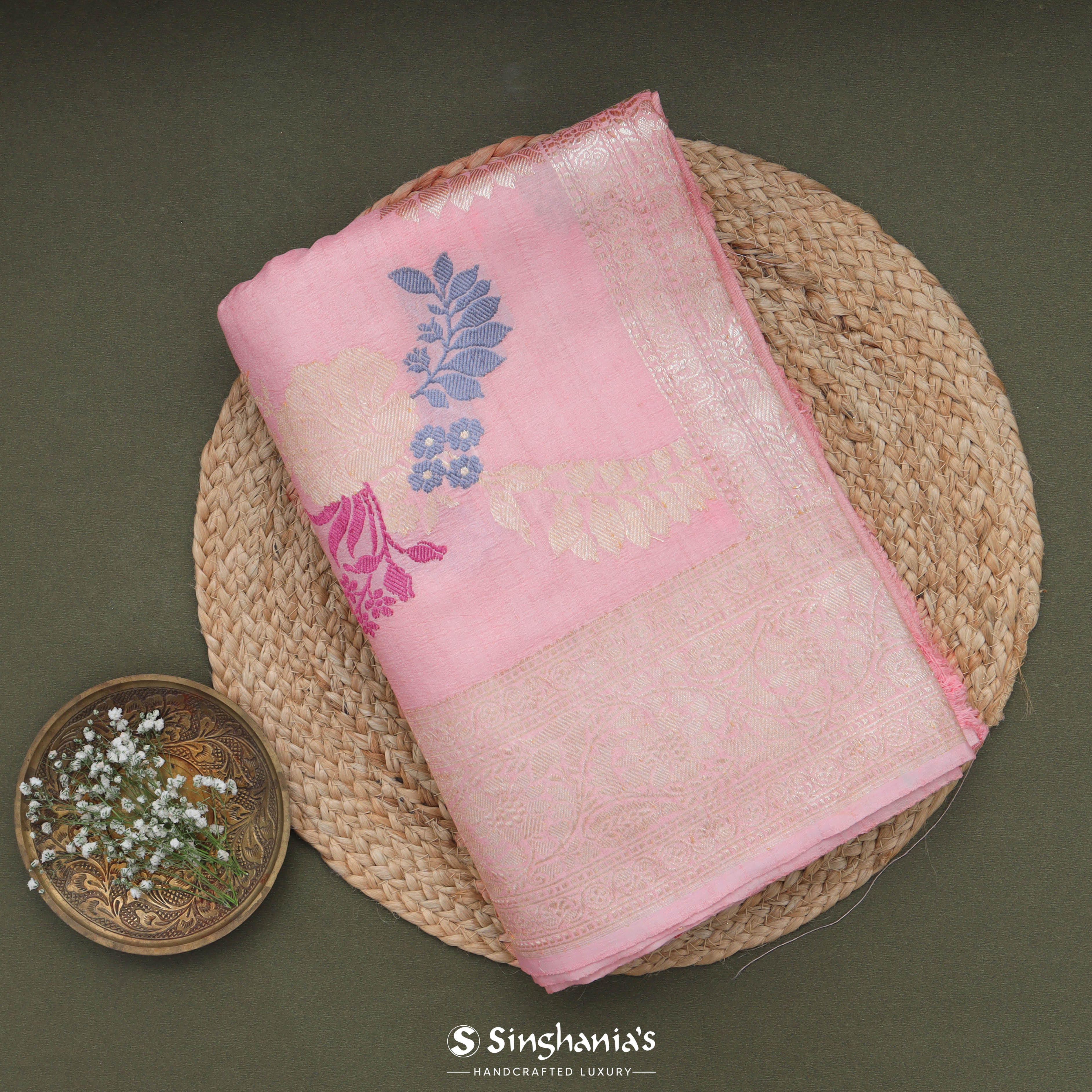 Cameo Pink Jamdani Tussar Silk Saree With Multicolour Floral Motifs