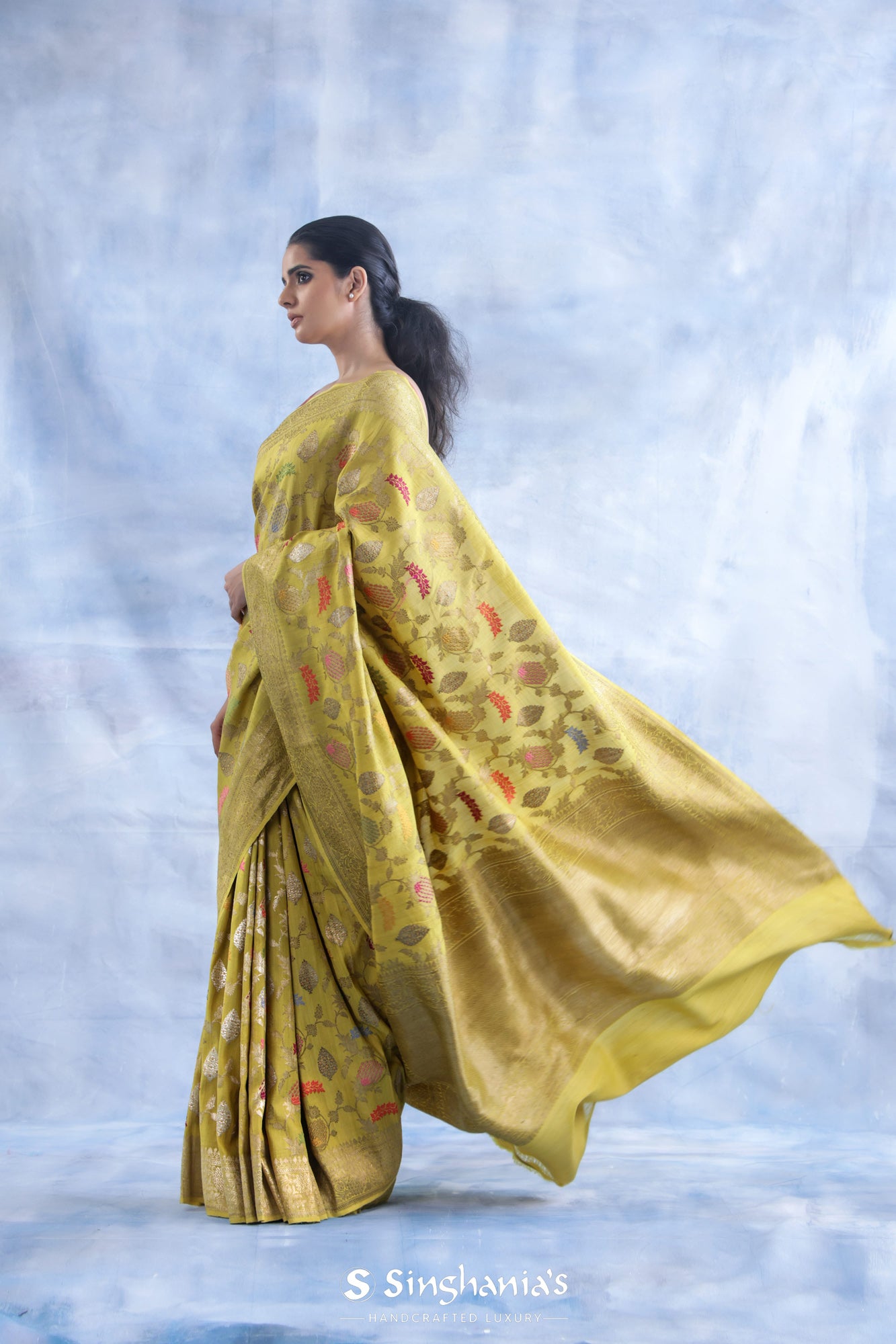 Sulfur Yellow Tussar Jamdhani Saree With Floral Jaal Weaving
