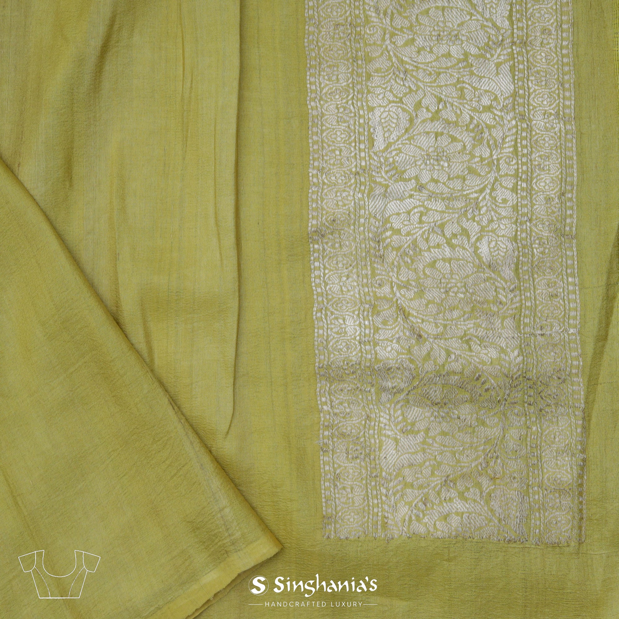 Sulfur Yellow Tussar Jamdhani Saree With Floral Jaal Weaving