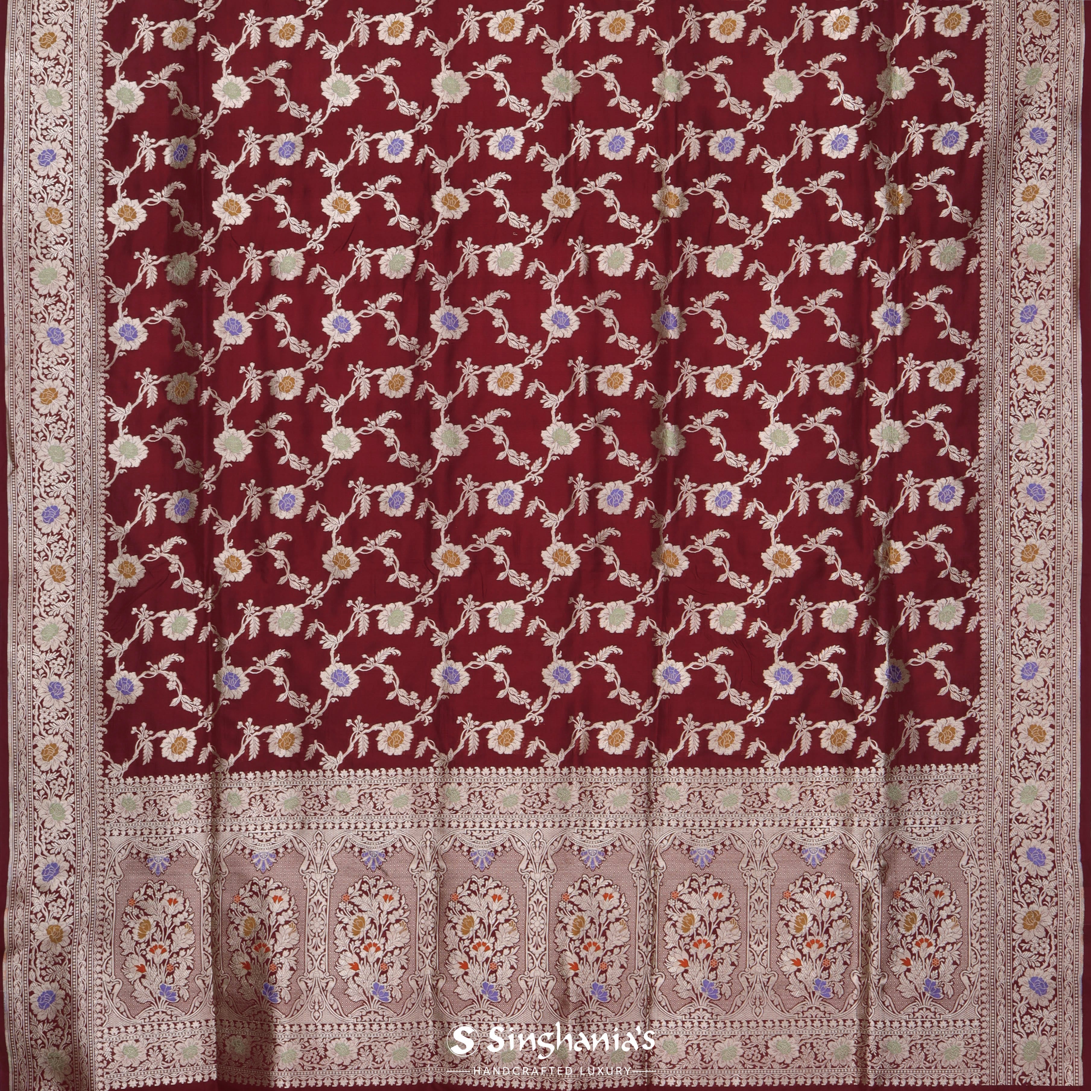 Mahogany Red Banarasi Silk Saree With Floral Jaal Pattern