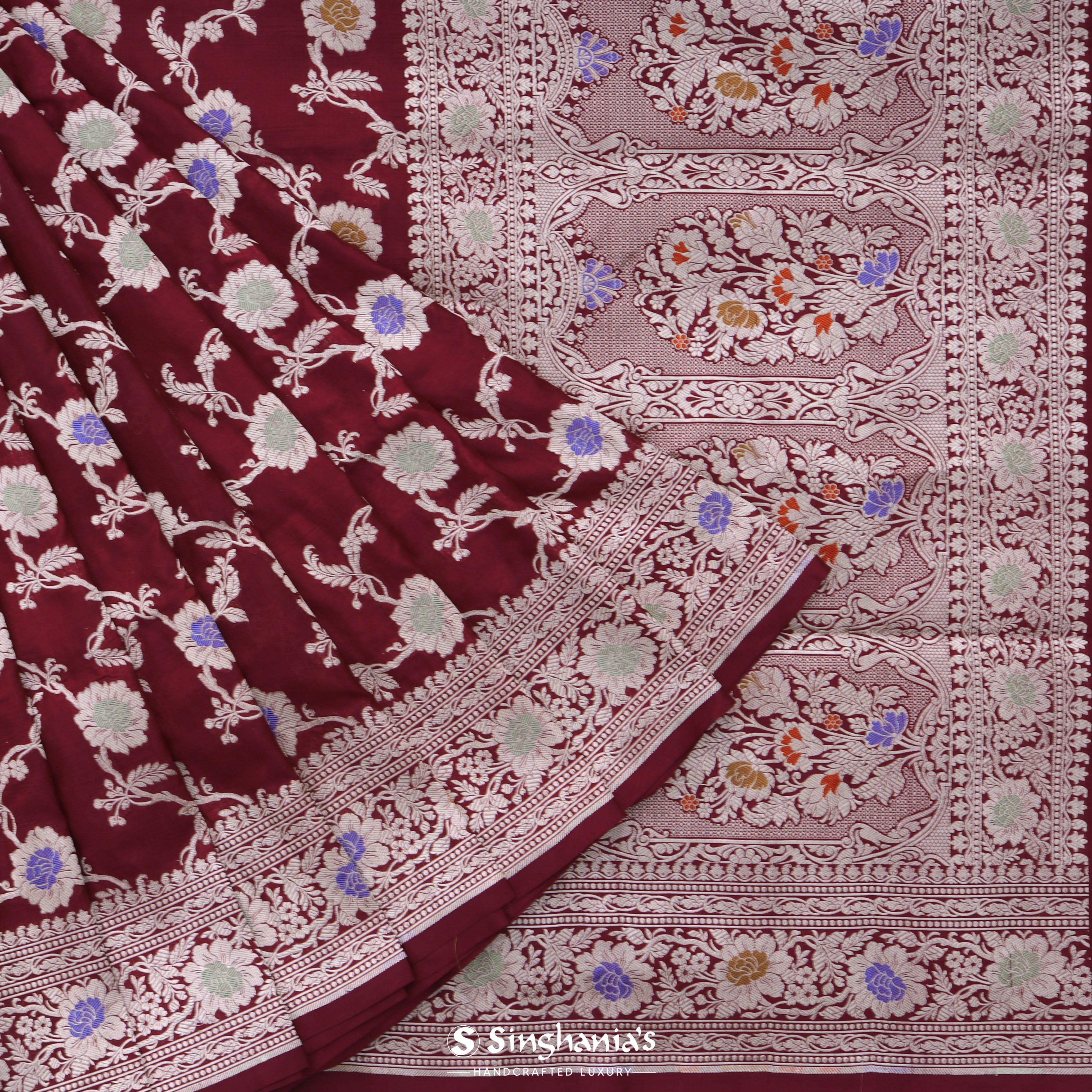 Mahogany Red Banarasi Silk Saree With Floral Jaal Pattern