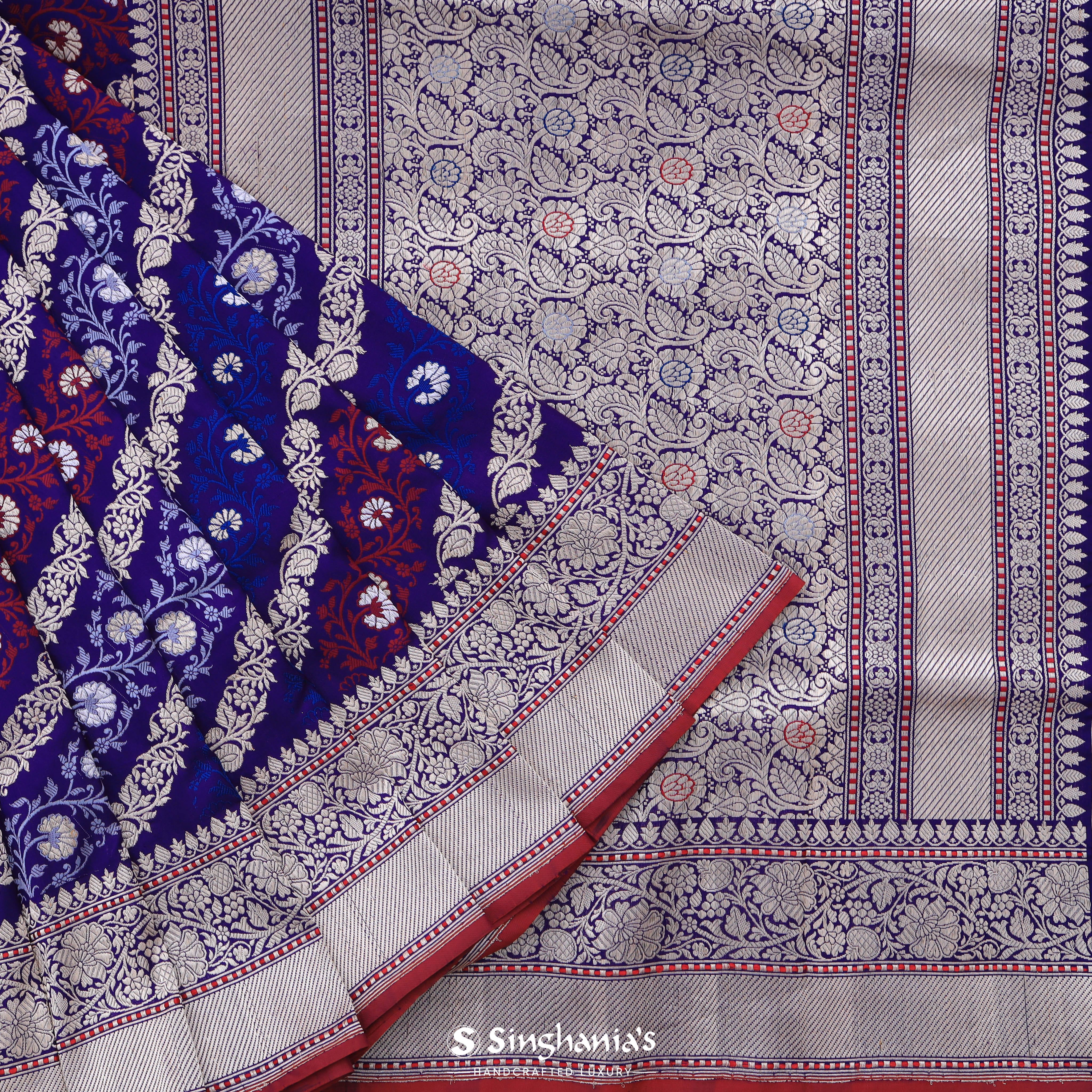 Cobalt Blue Banarasi Silk Saree With Floral Stripe Pattern