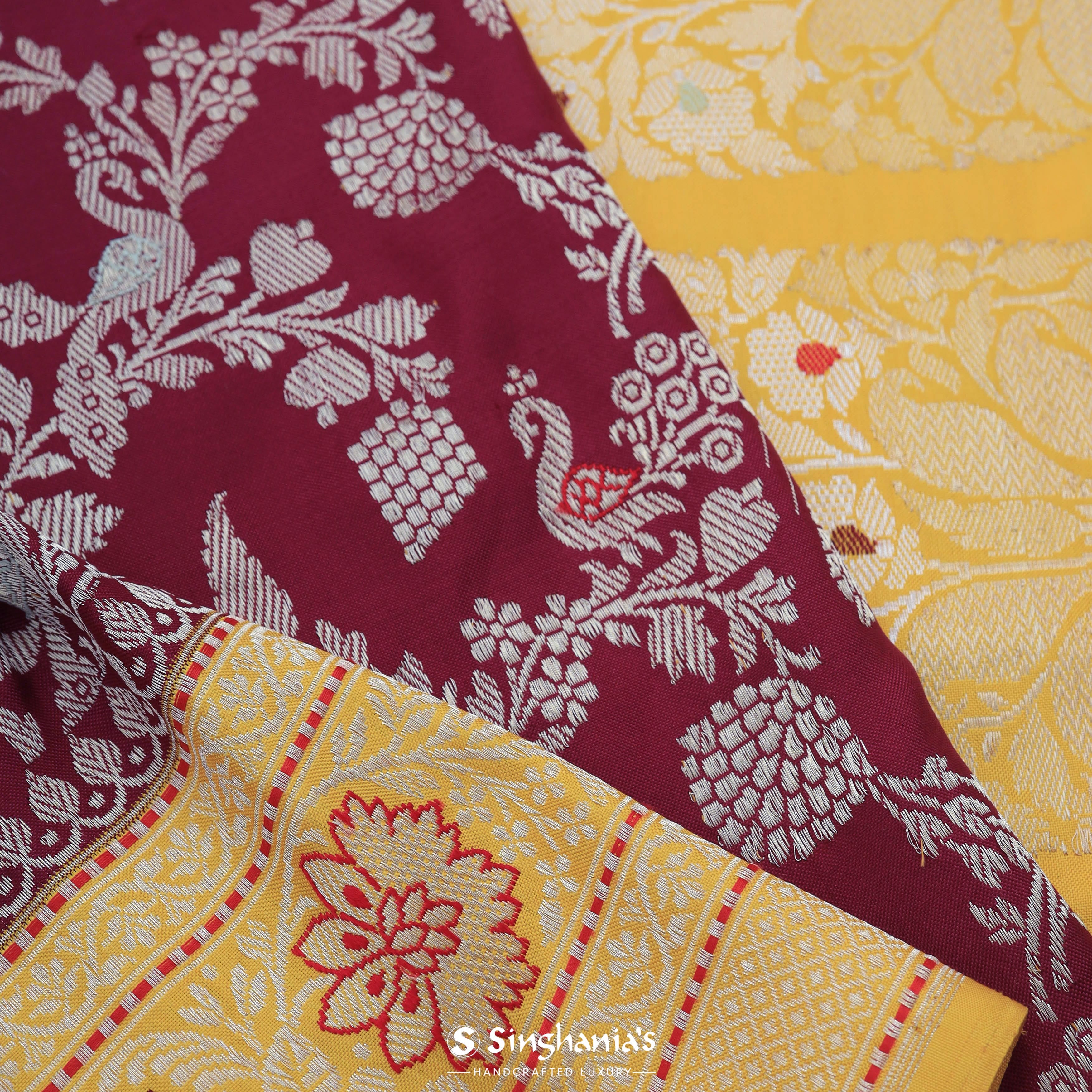 Burgundy Banarasi Silk Saree With Floral And Bird Motifs