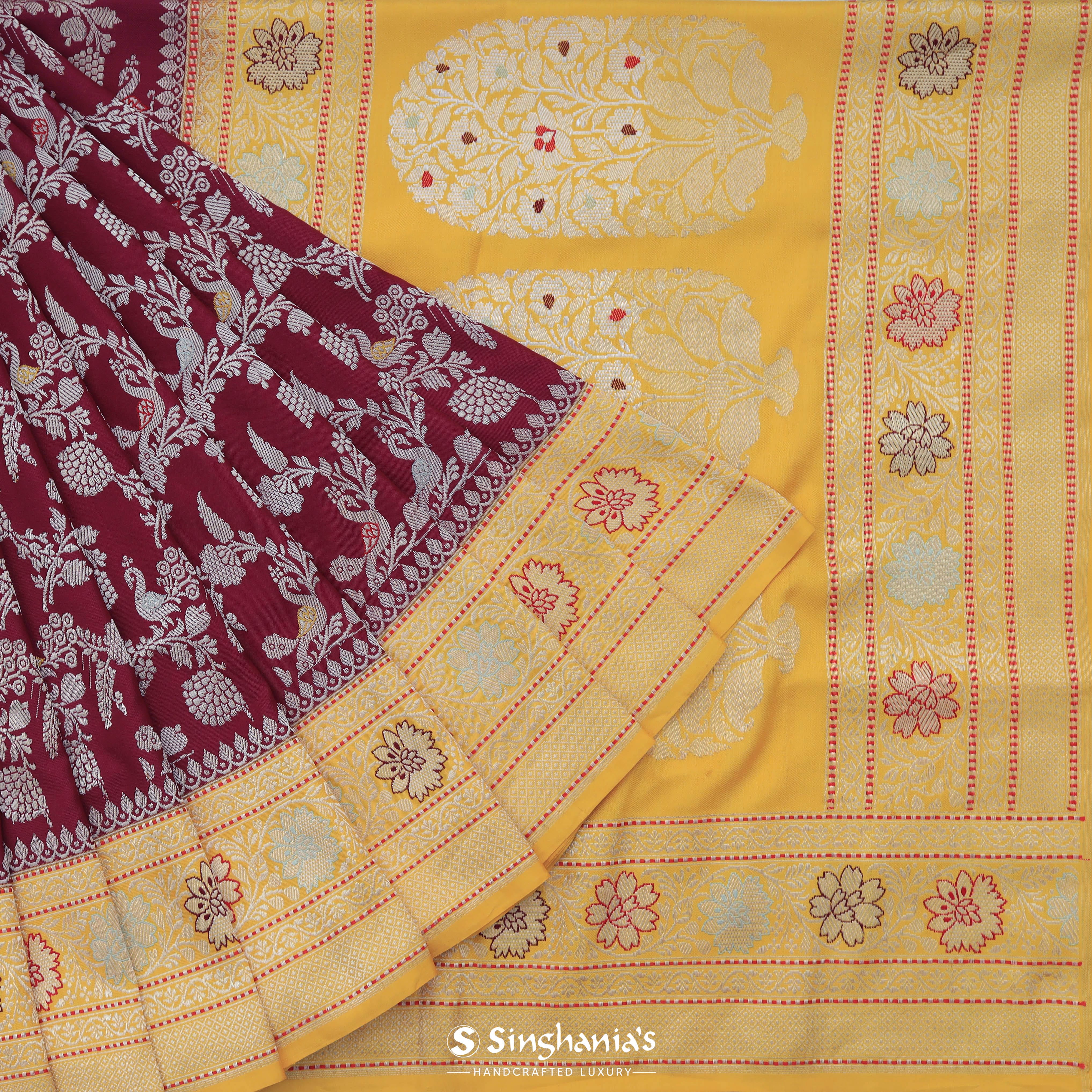 Burgundy Banarasi Silk Saree With Floral And Bird Motifs