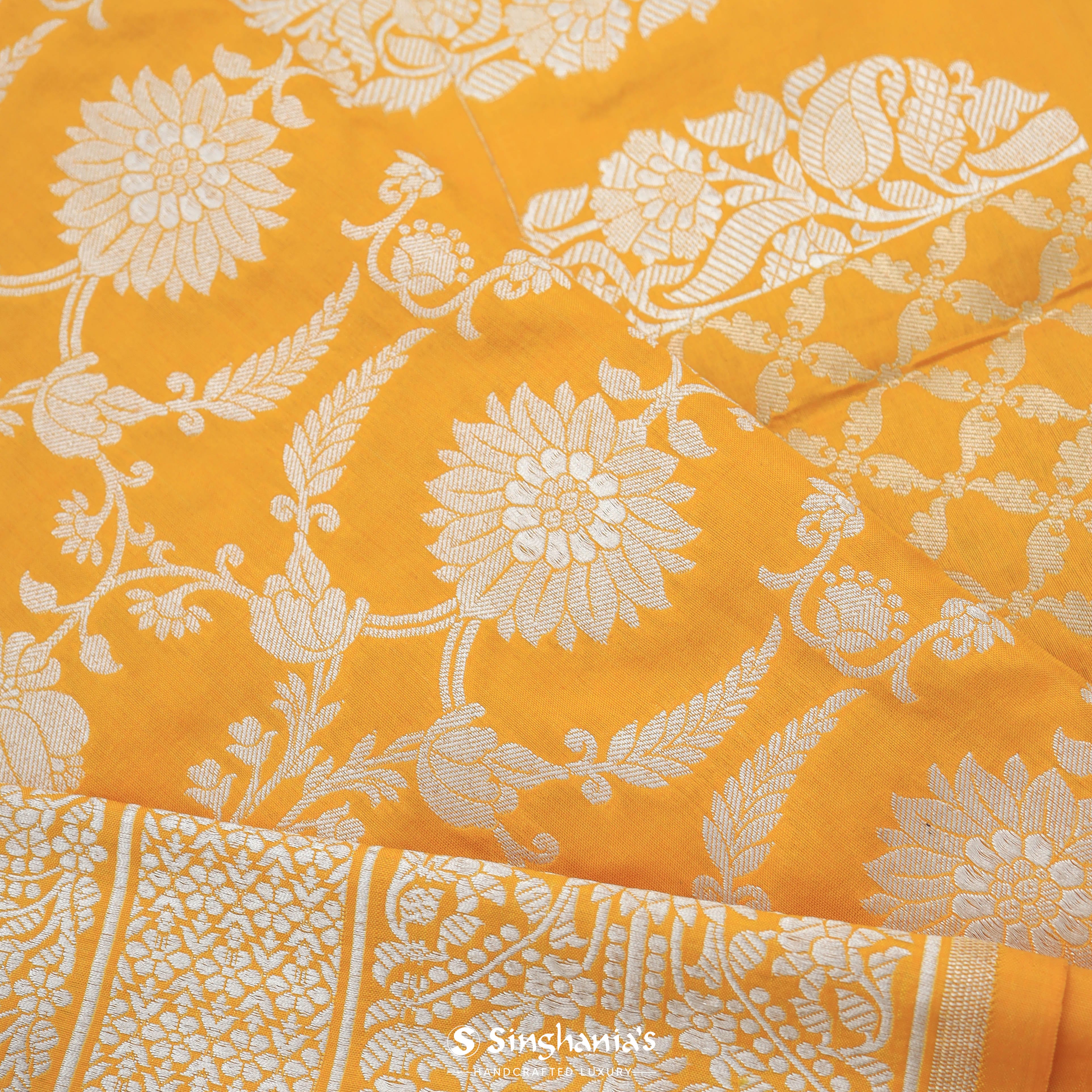 Marigold Orange Banarasi Silk Saree With Floral Jaal Pattern