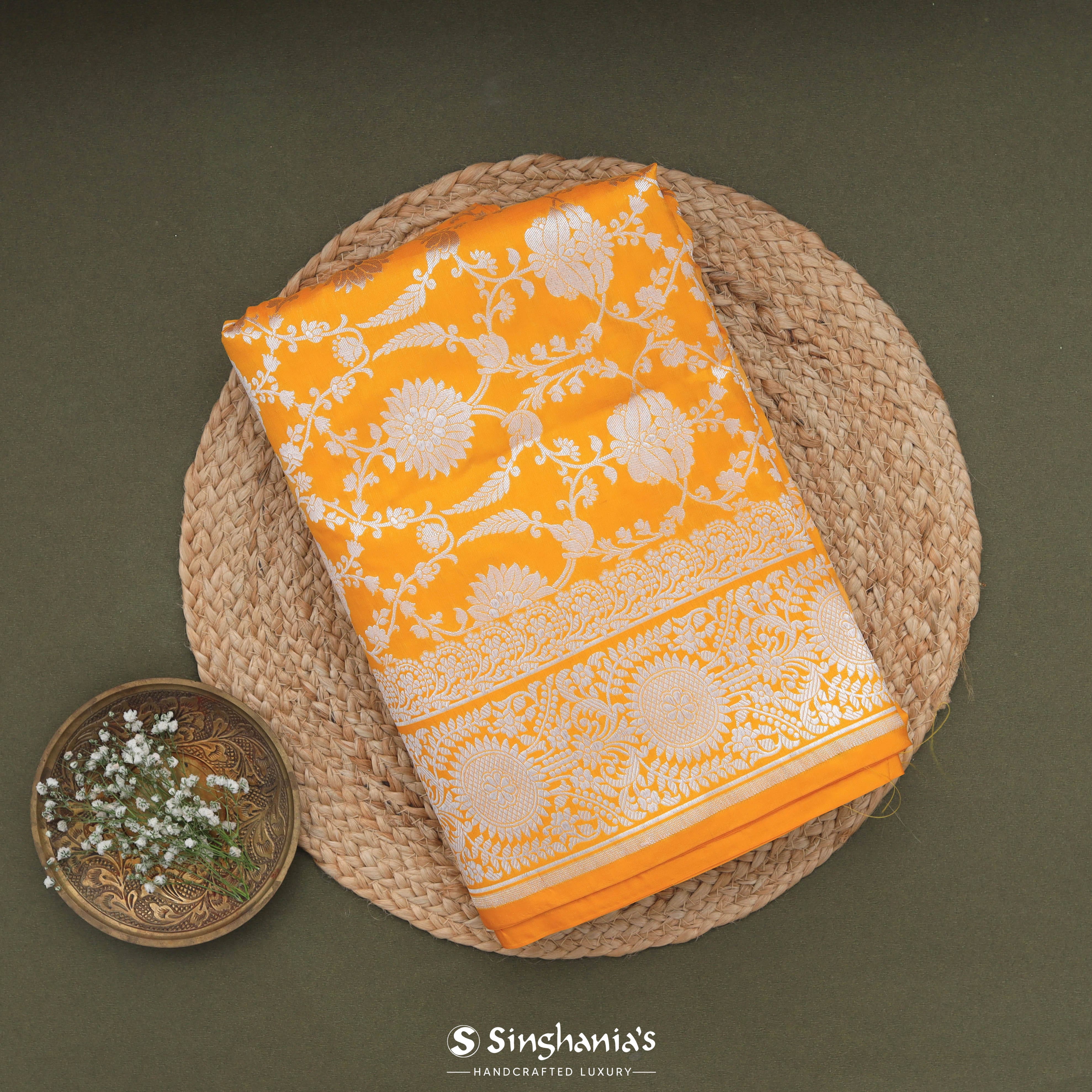 Marigold Orange Banarasi Silk Saree With Floral Jaal Pattern