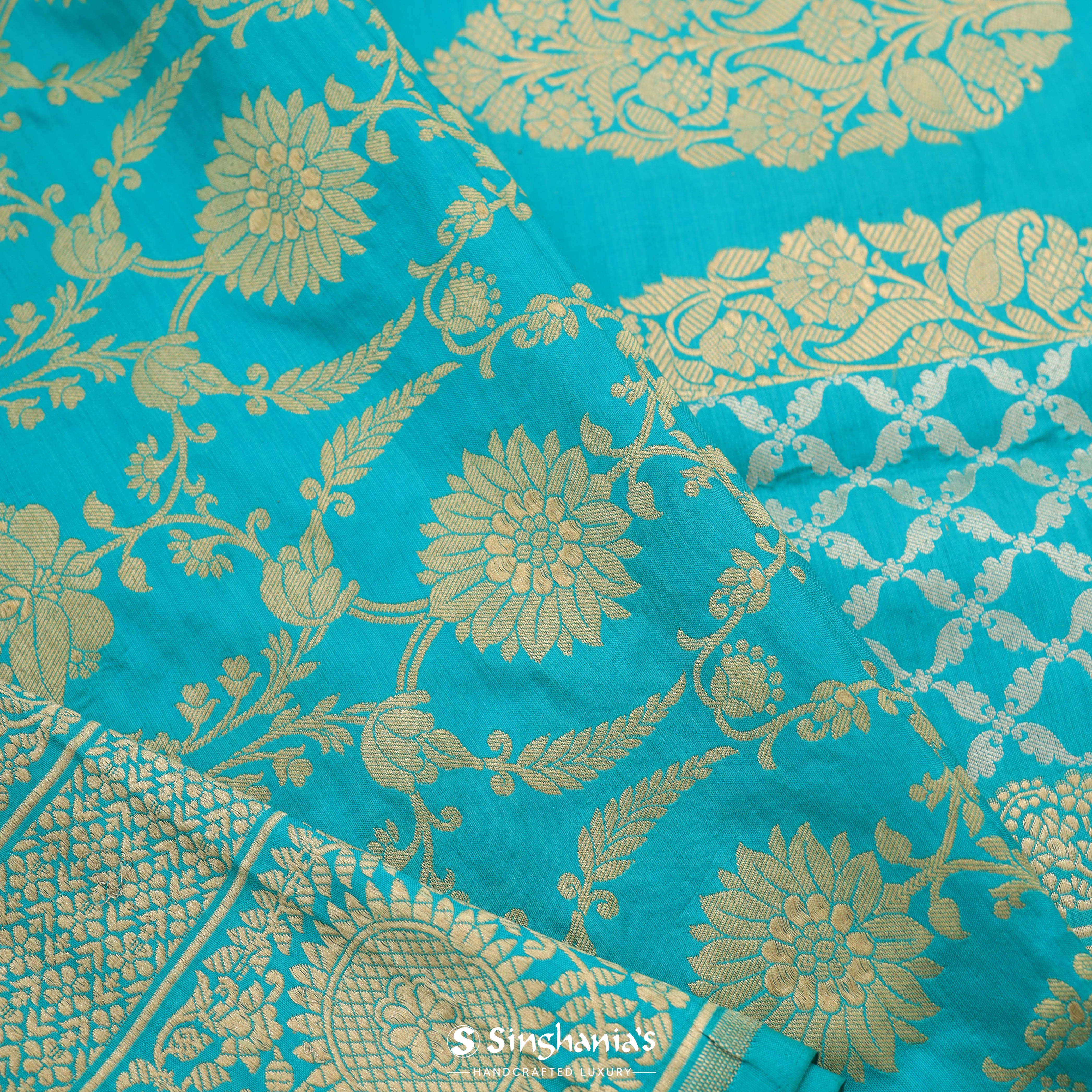 Vivid Sky Blue Banarasi Silk Saree With Floral Creeper Pattern