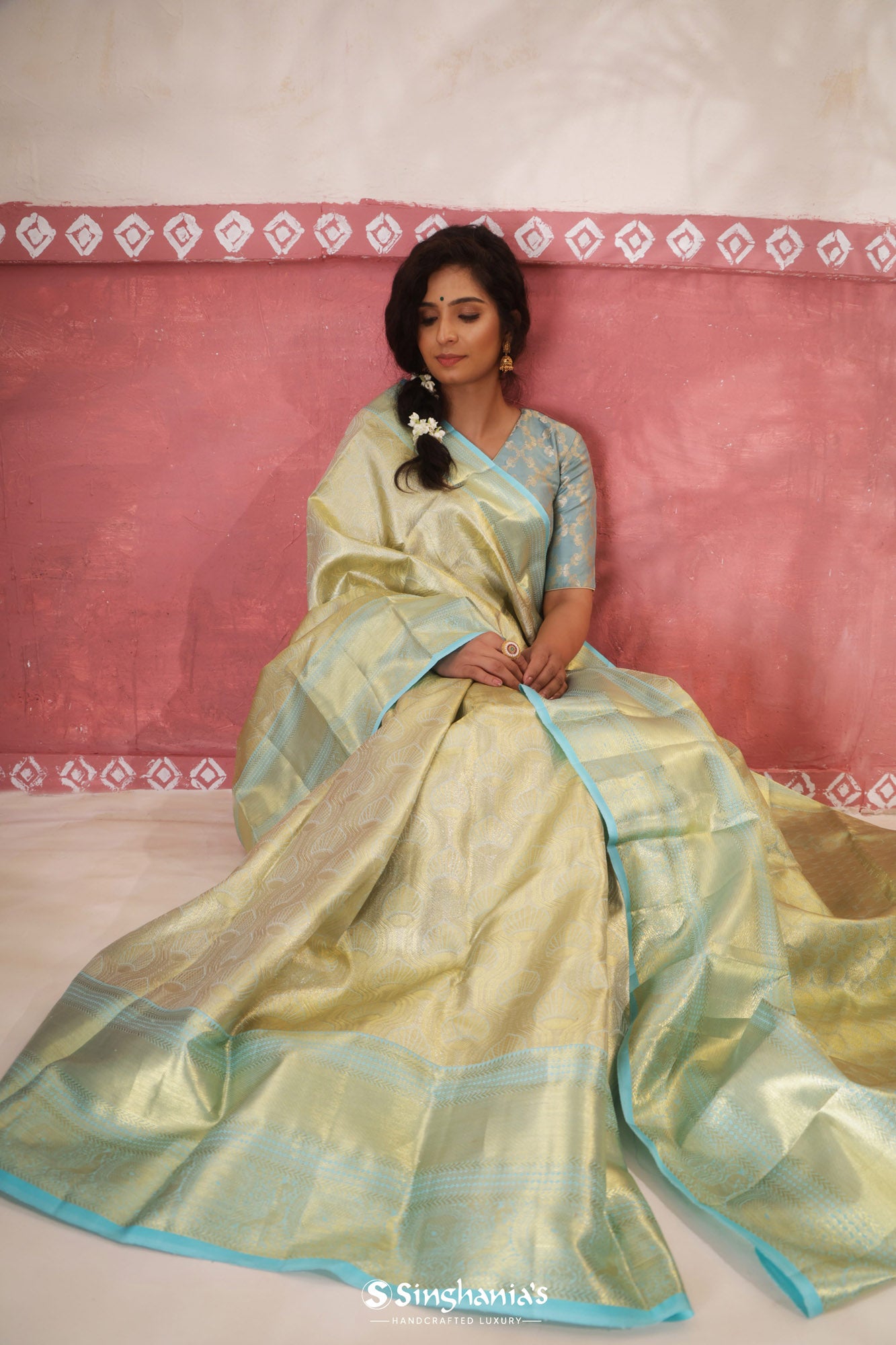 Pastel Pista Green Kanjivaram Silk Saree With Floral Design