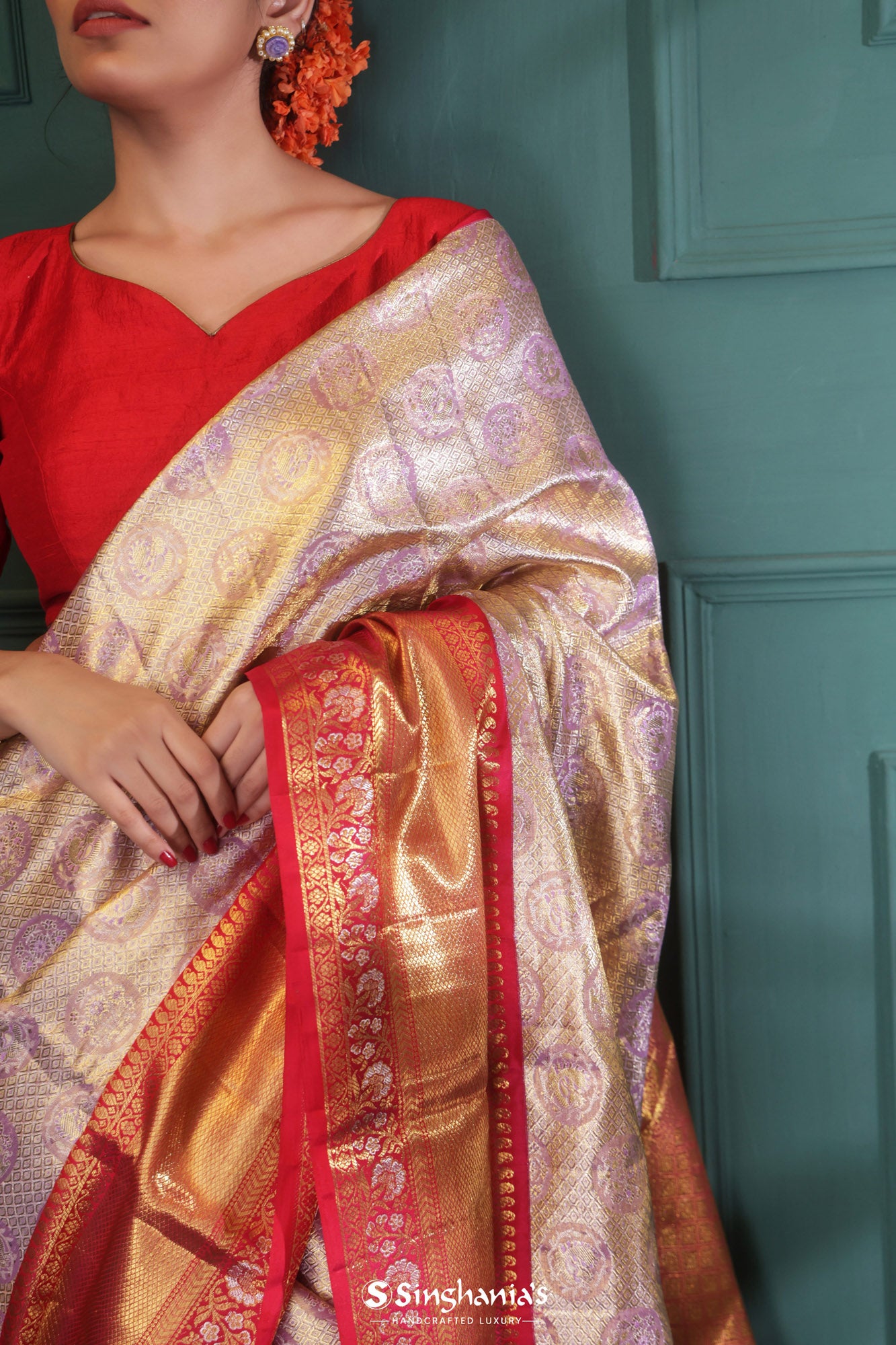Pruce Pink Kanjivaram Silk Saree With Mayil And Geometrical Design