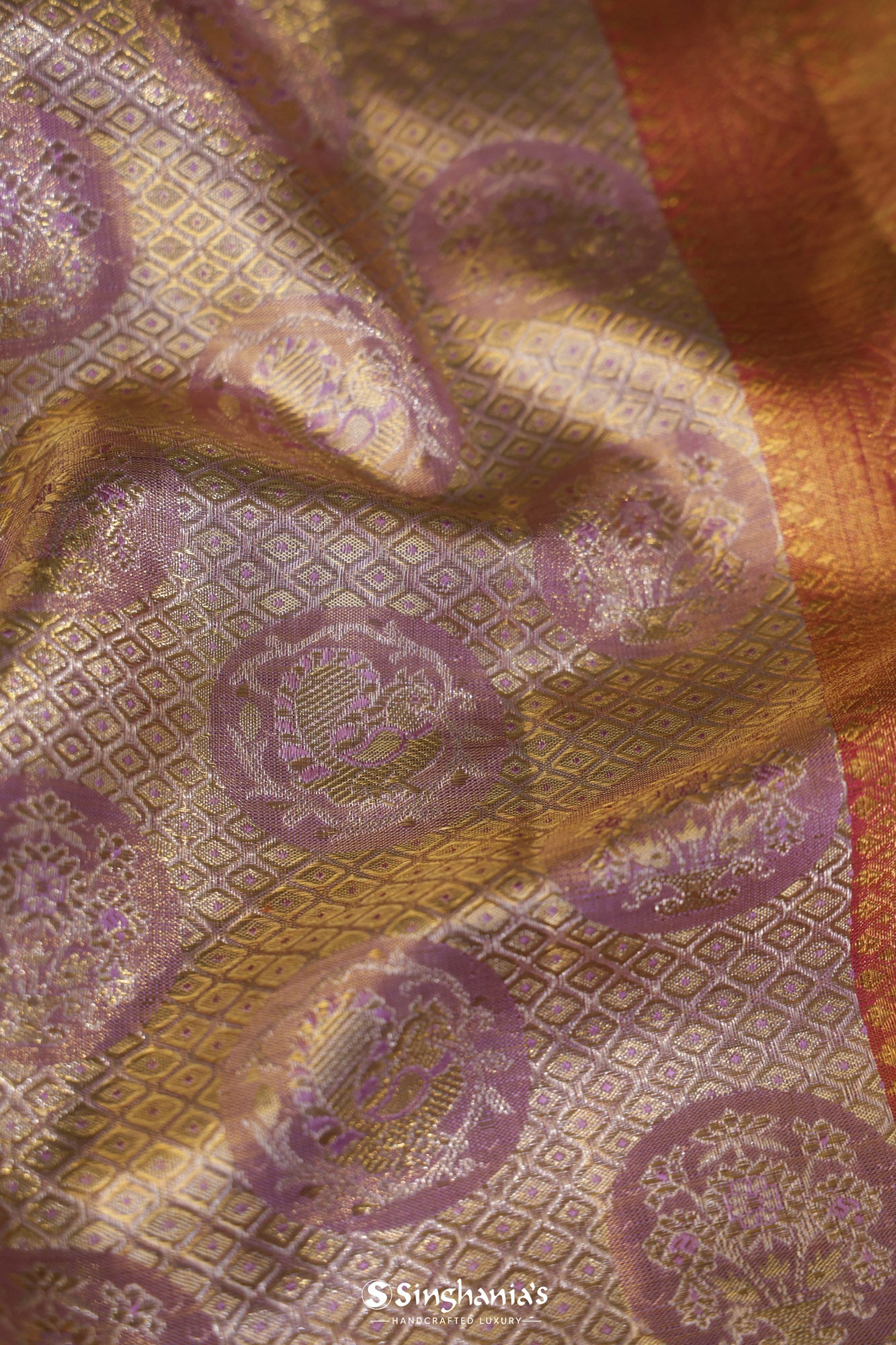 Pruce Pink Kanjivaram Silk Saree With Mayil And Geometrical Design