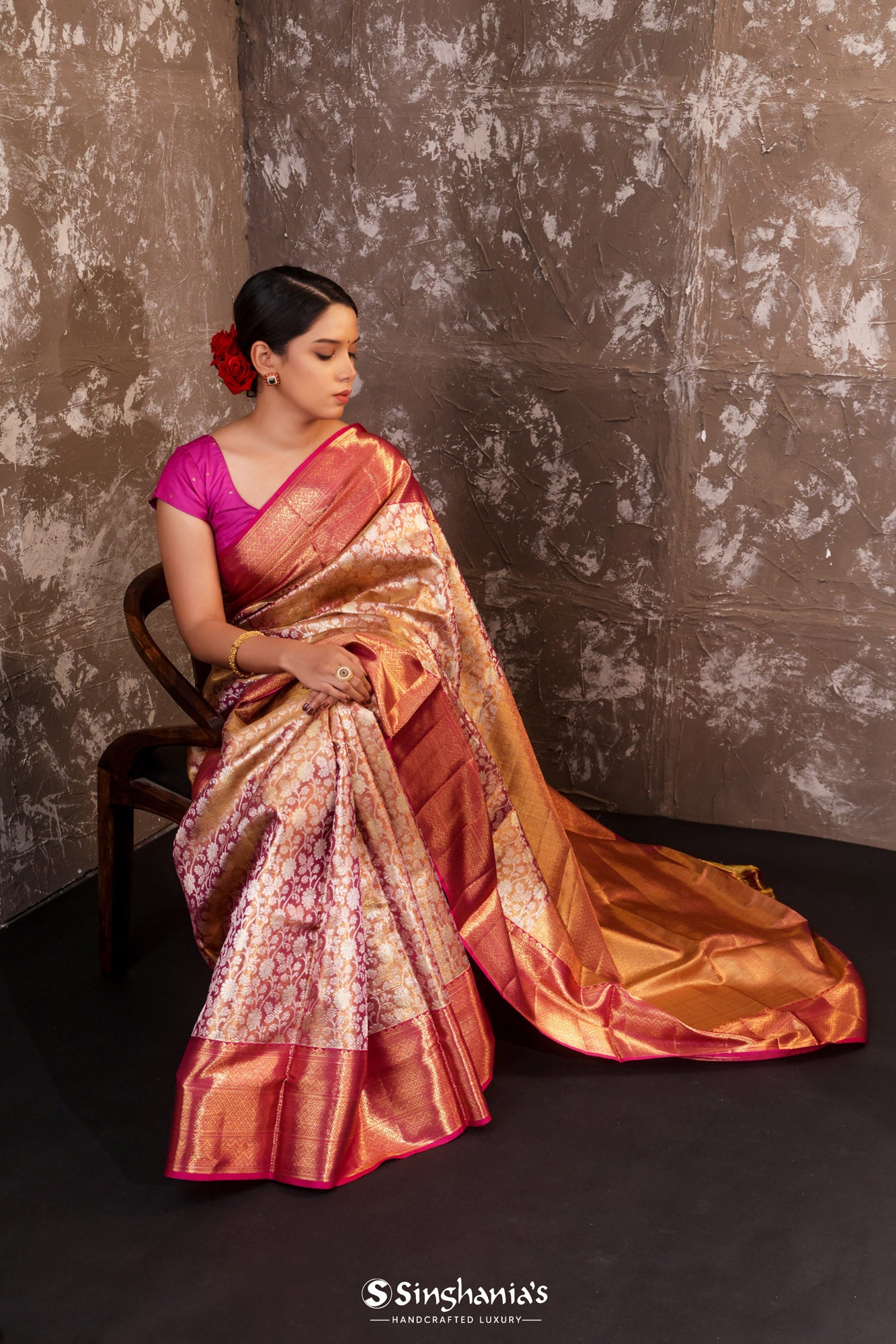 Rose Gold Tissue Kanjivaram Silk Saree With Floral Design