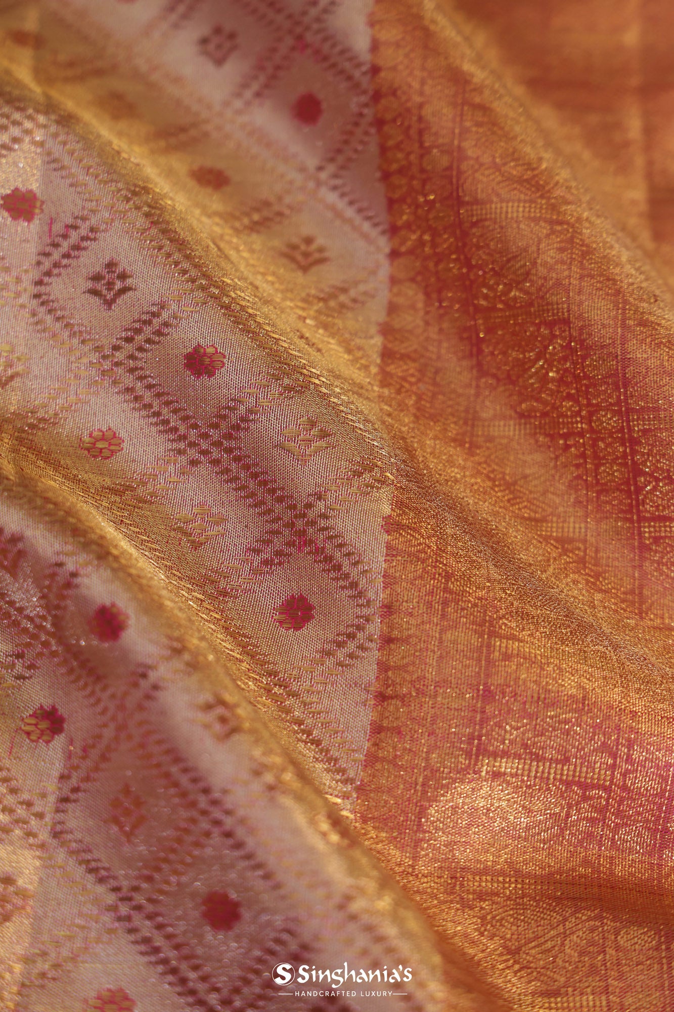 Salmon Peach Tissue Kanjivaram Silk Saree With Floral Jaal Pattern