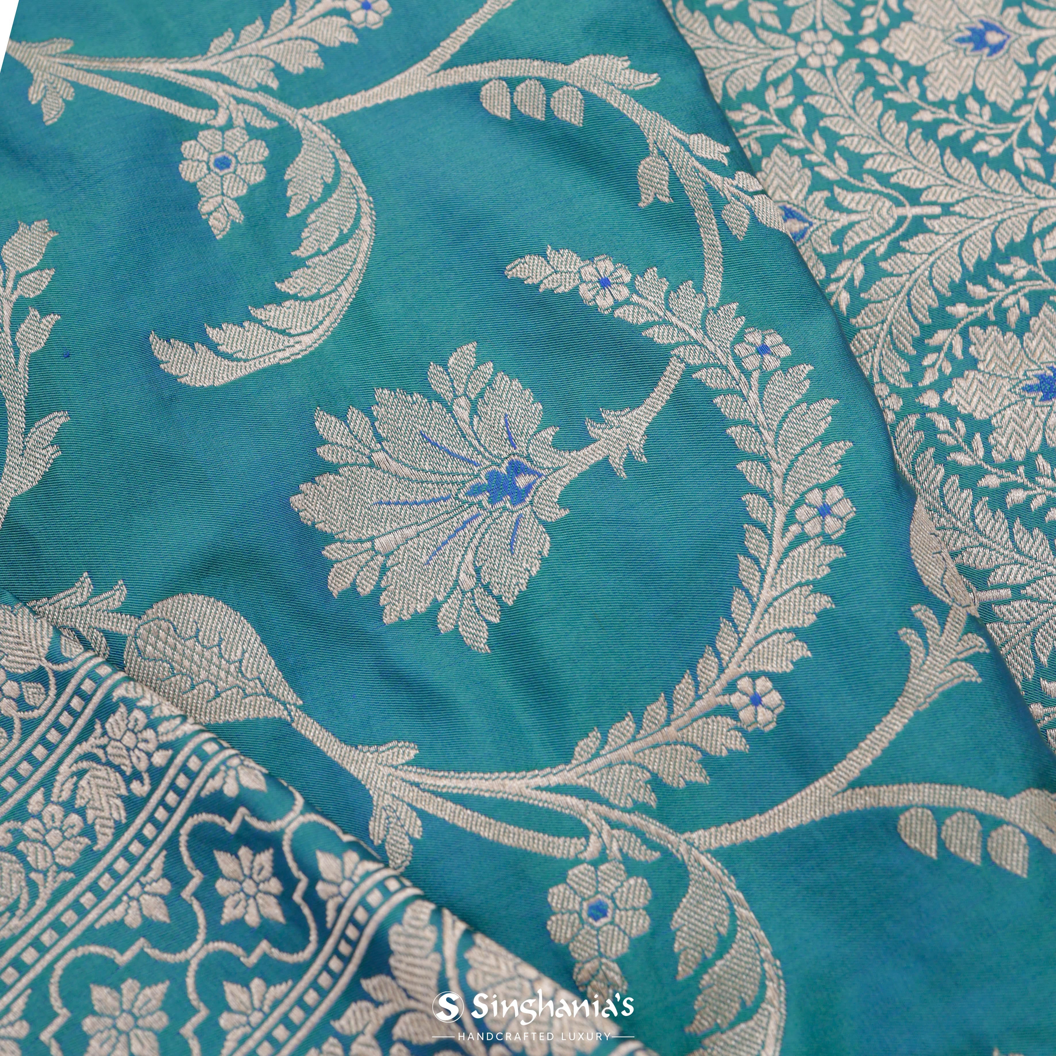French Blue Banarasi Silk Saree With Floral Jaal Weaving