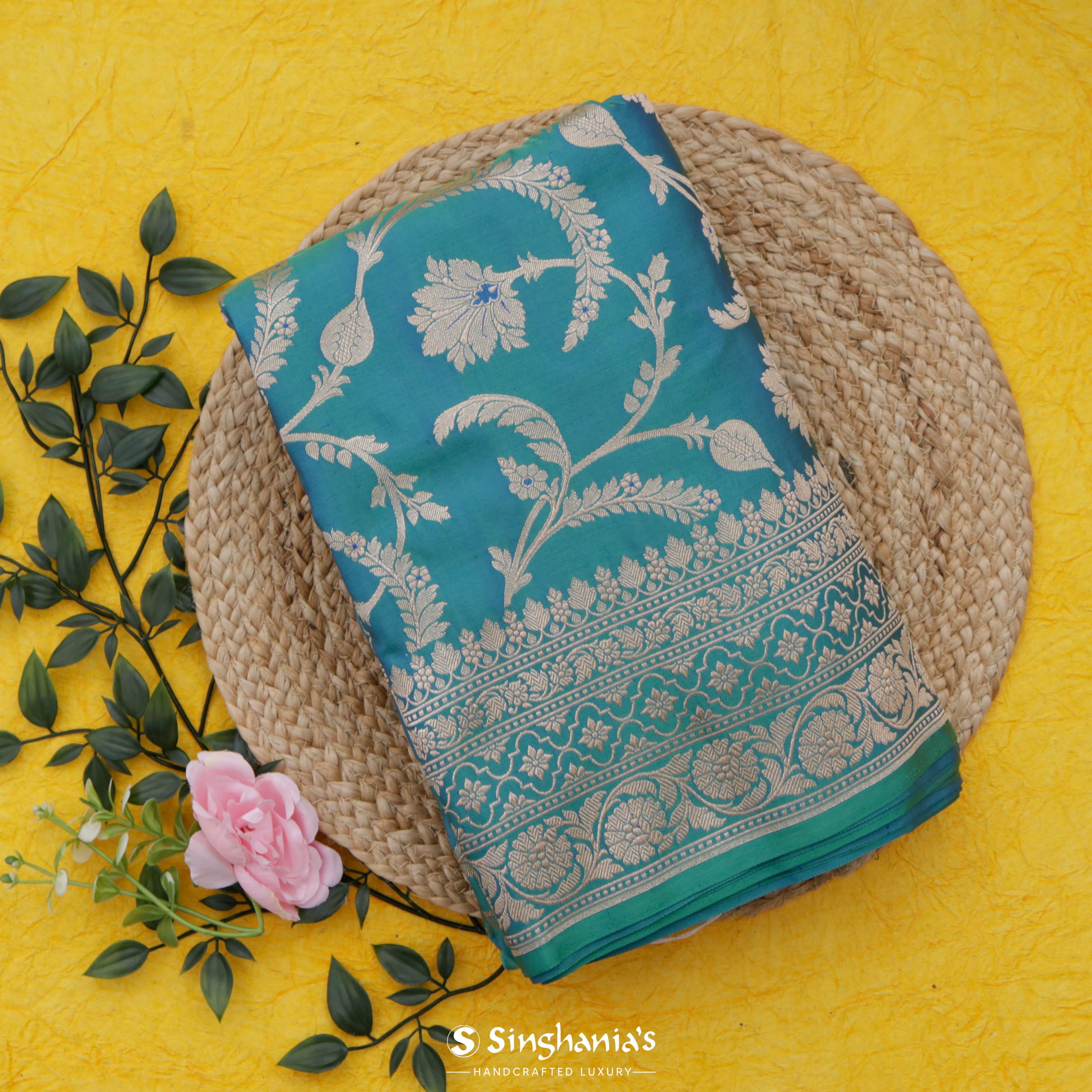 French Blue Banarasi Silk Saree With Floral Jaal Weaving