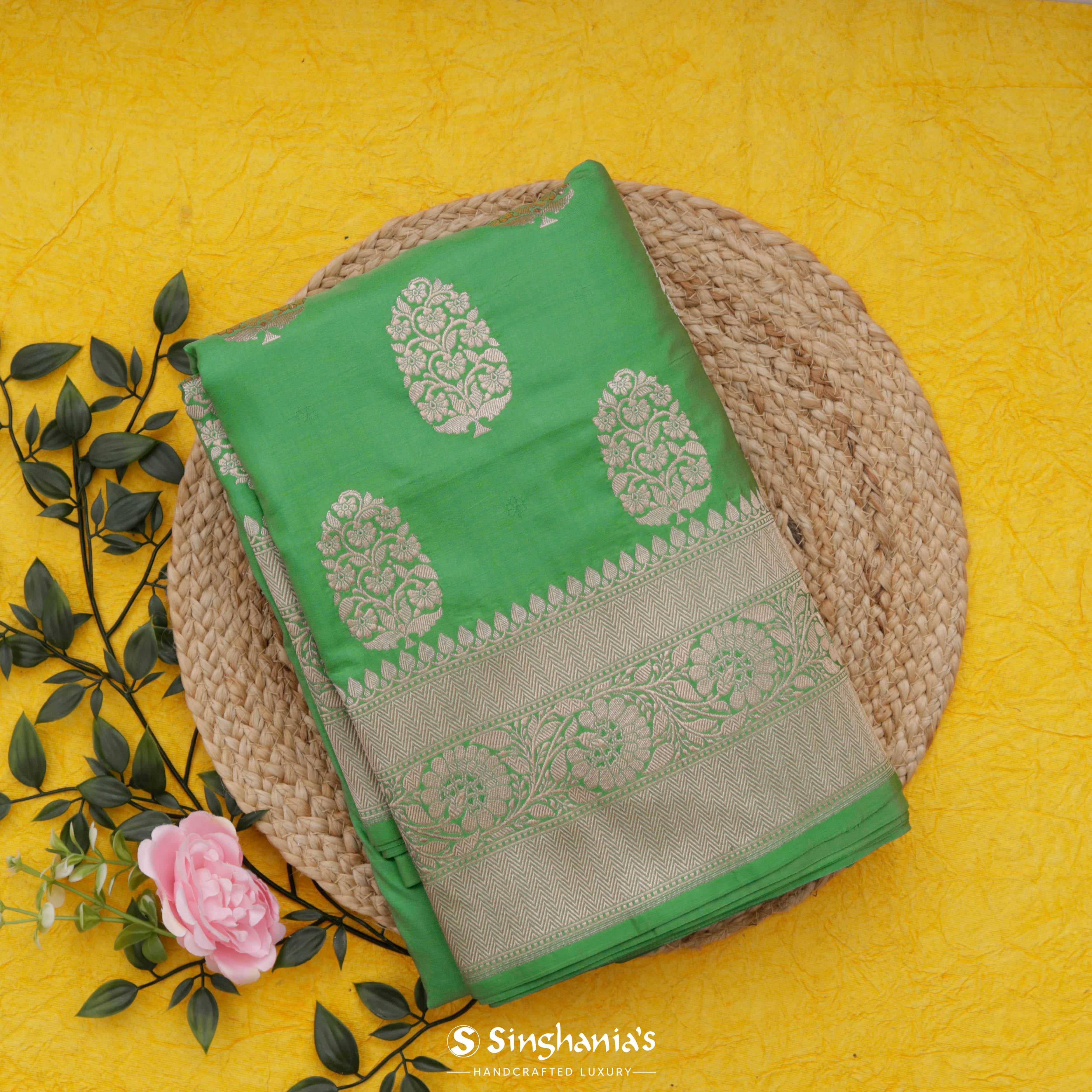 Emerald Green Banarasi Silk Saree With Floral Weaving