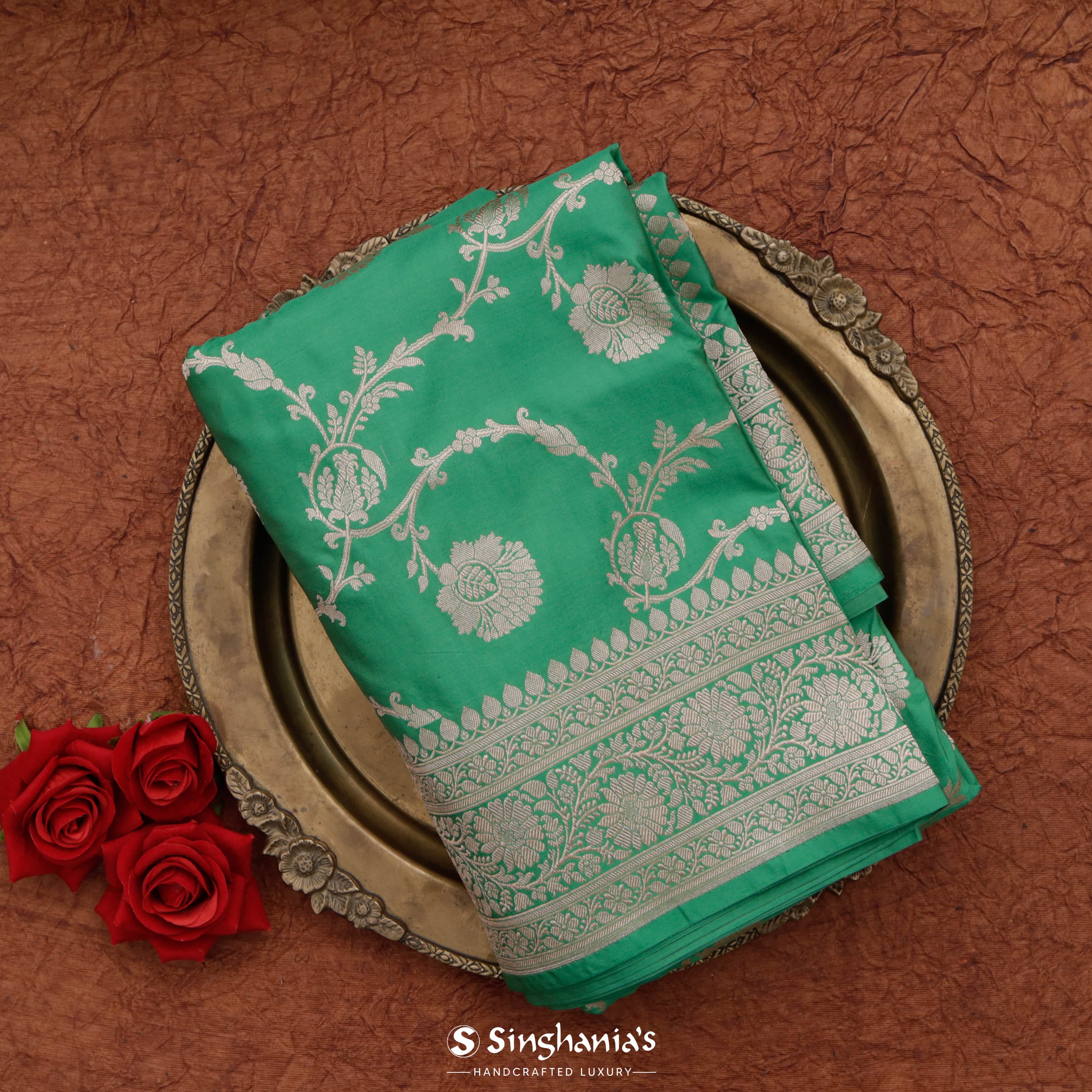 Paolo Veronese Green Banarasi Silk Saree With Floral Jaal Weaving