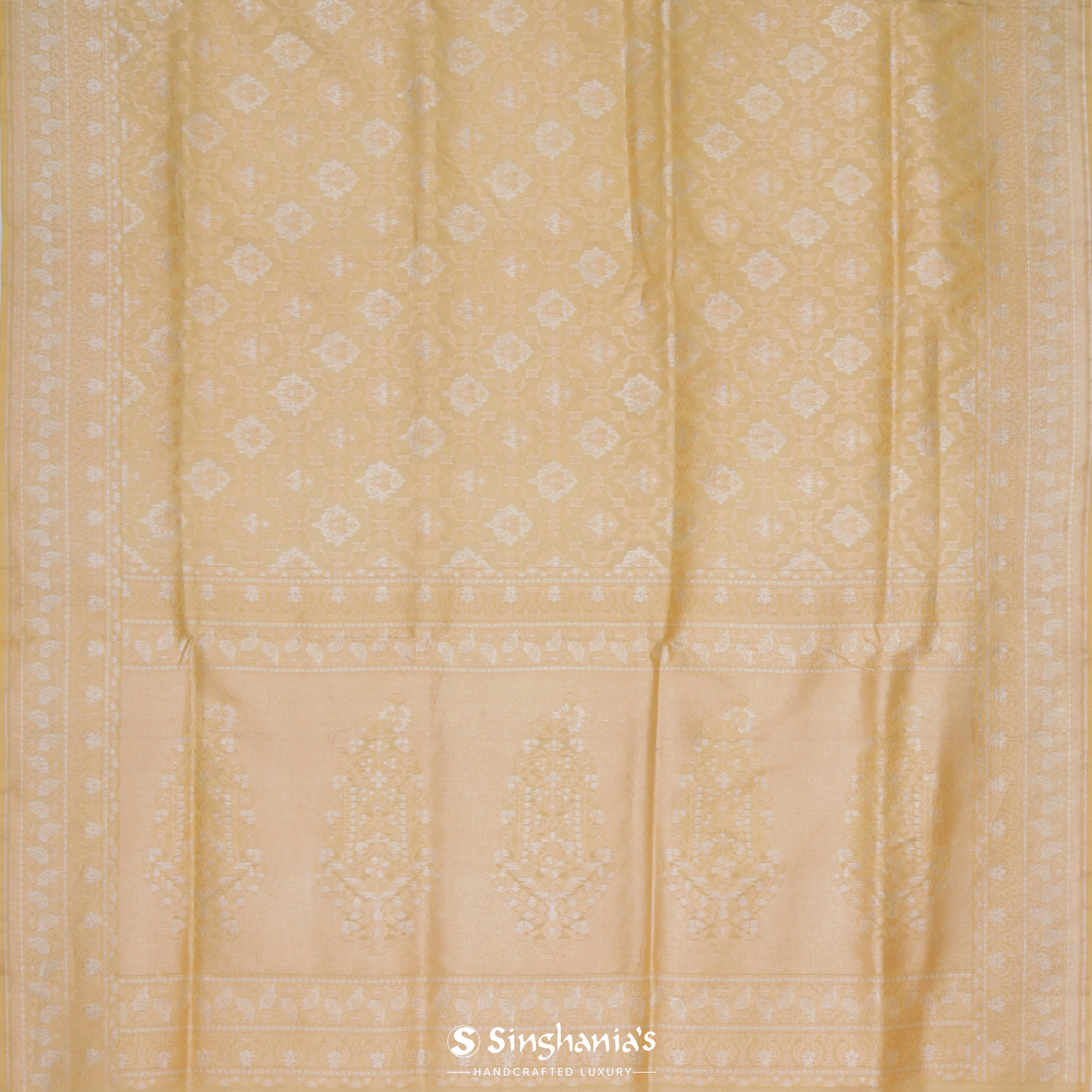 Creamy Corn Yellow Banarasi Tissue Saree With Floral Jaal Weaving