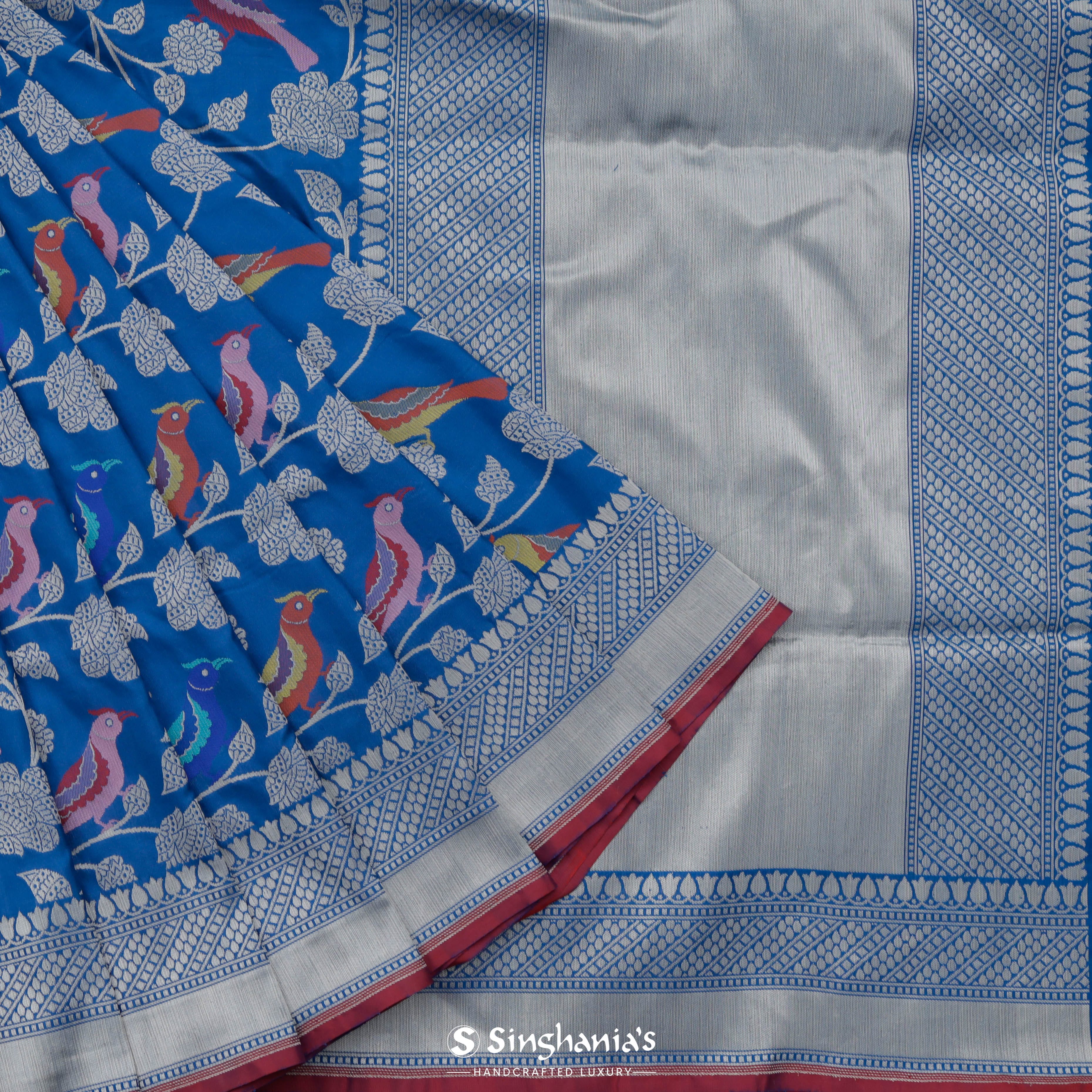 Bayern Blue Banarasi Silk Saree With Bird Weaving