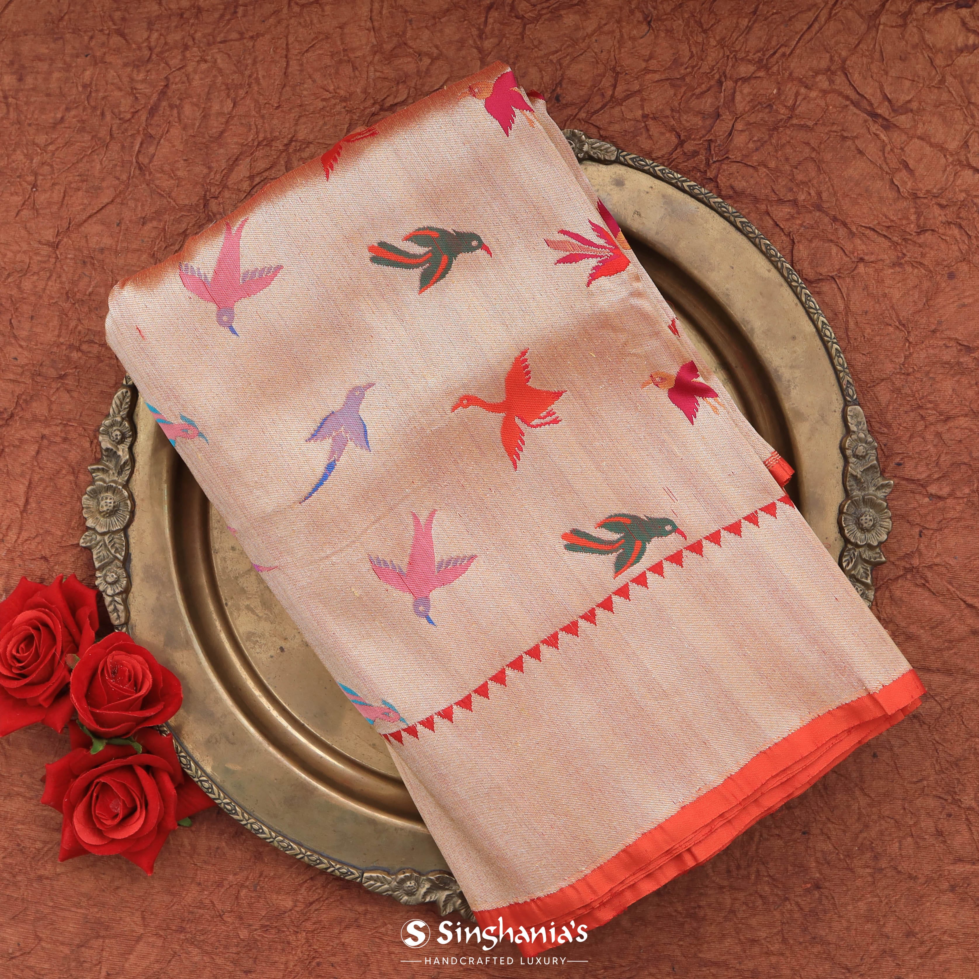 Apricot Orange Banarasi Tissue Saree With Bird Weaving