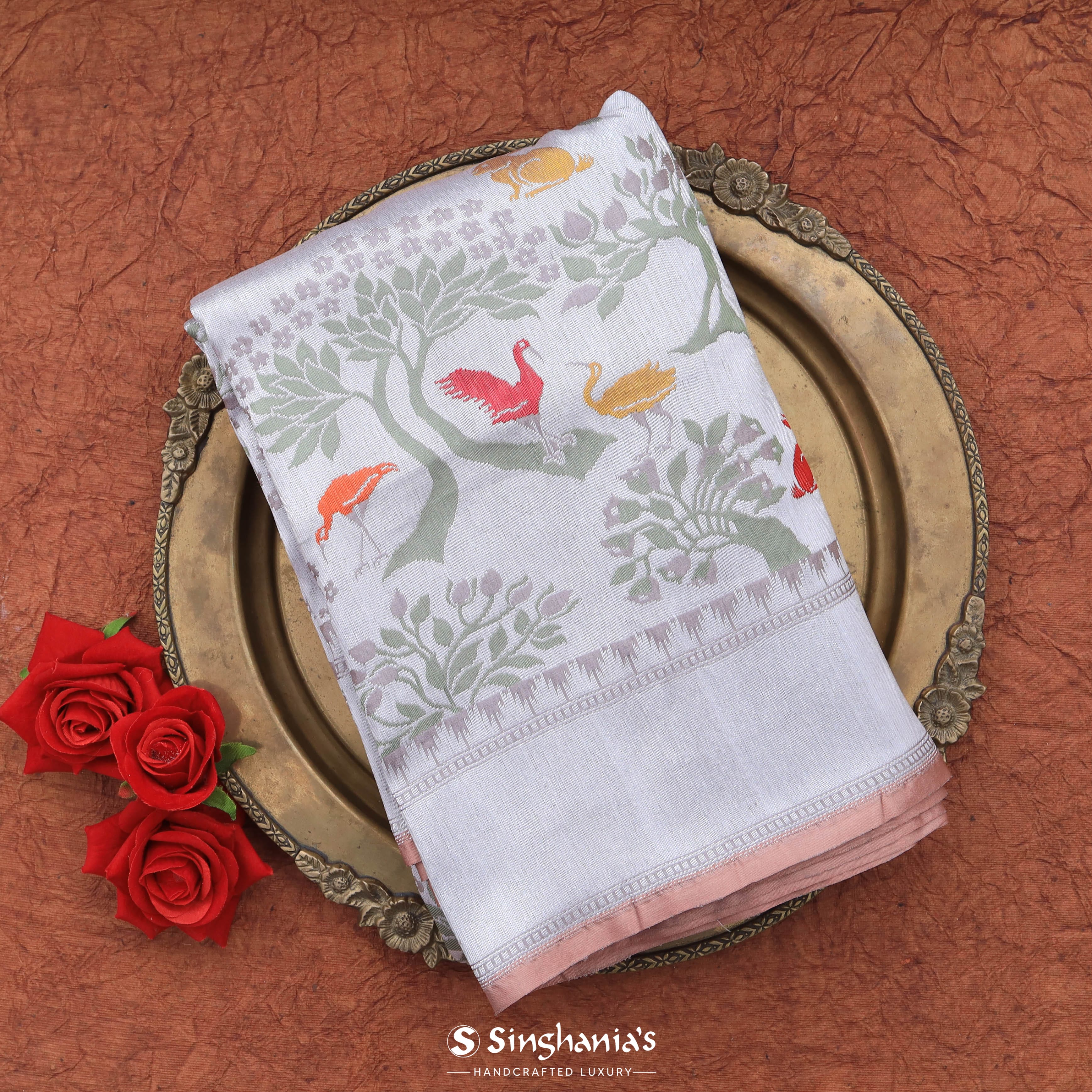 Languid Lavender Banarasi Tissue Saree With Floral Jaal Weaving