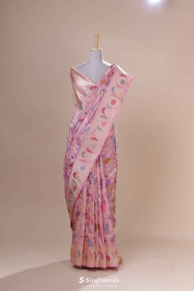 Lemonade Pink Banarasi Silk Saree With Bird And Floral Motifs