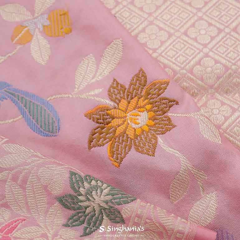 Lemonade Pink Banarasi Silk Saree With Bird And Floral Motifs
