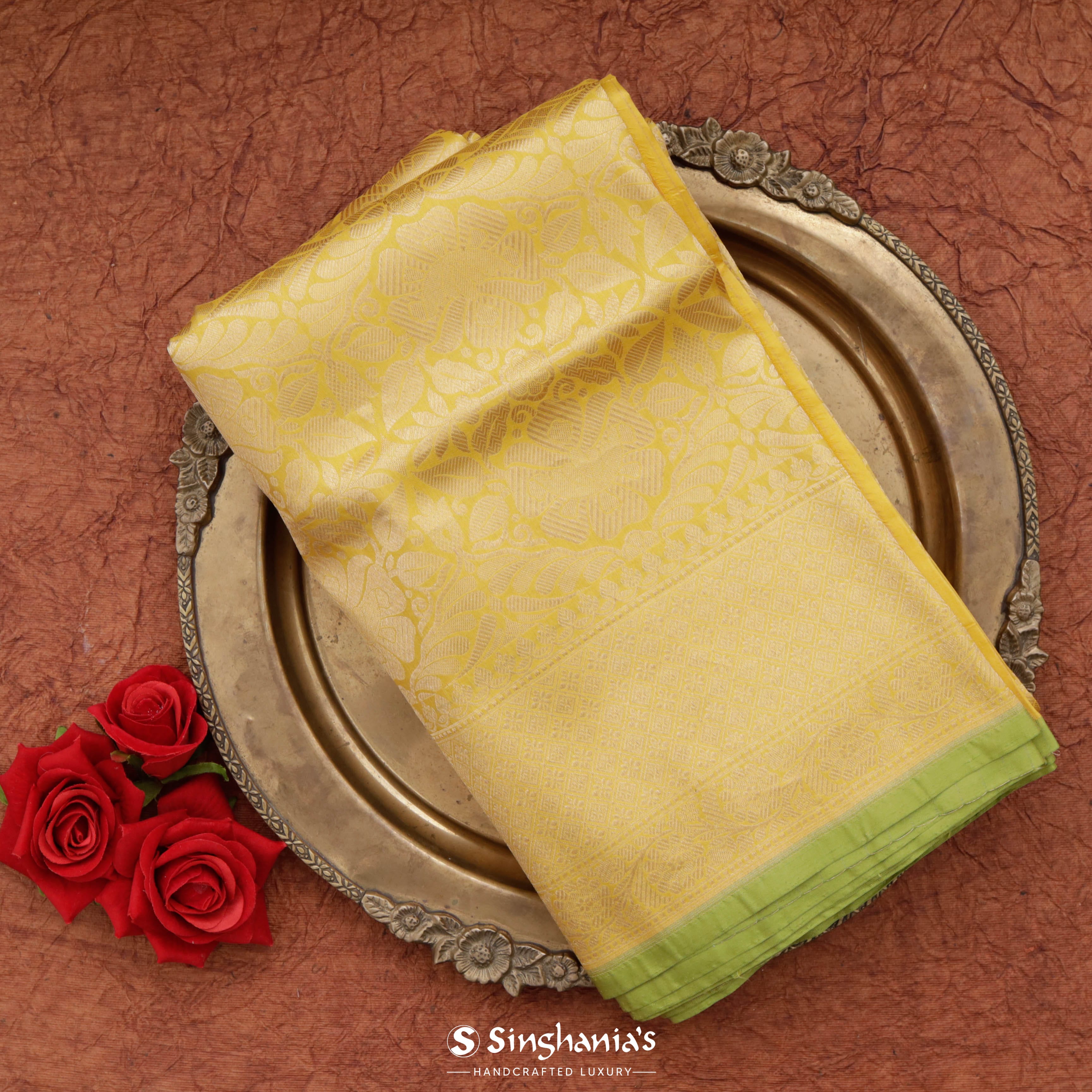 Macaroon Yellow Banarasi Silk Saree With Floral Jaal Weaving