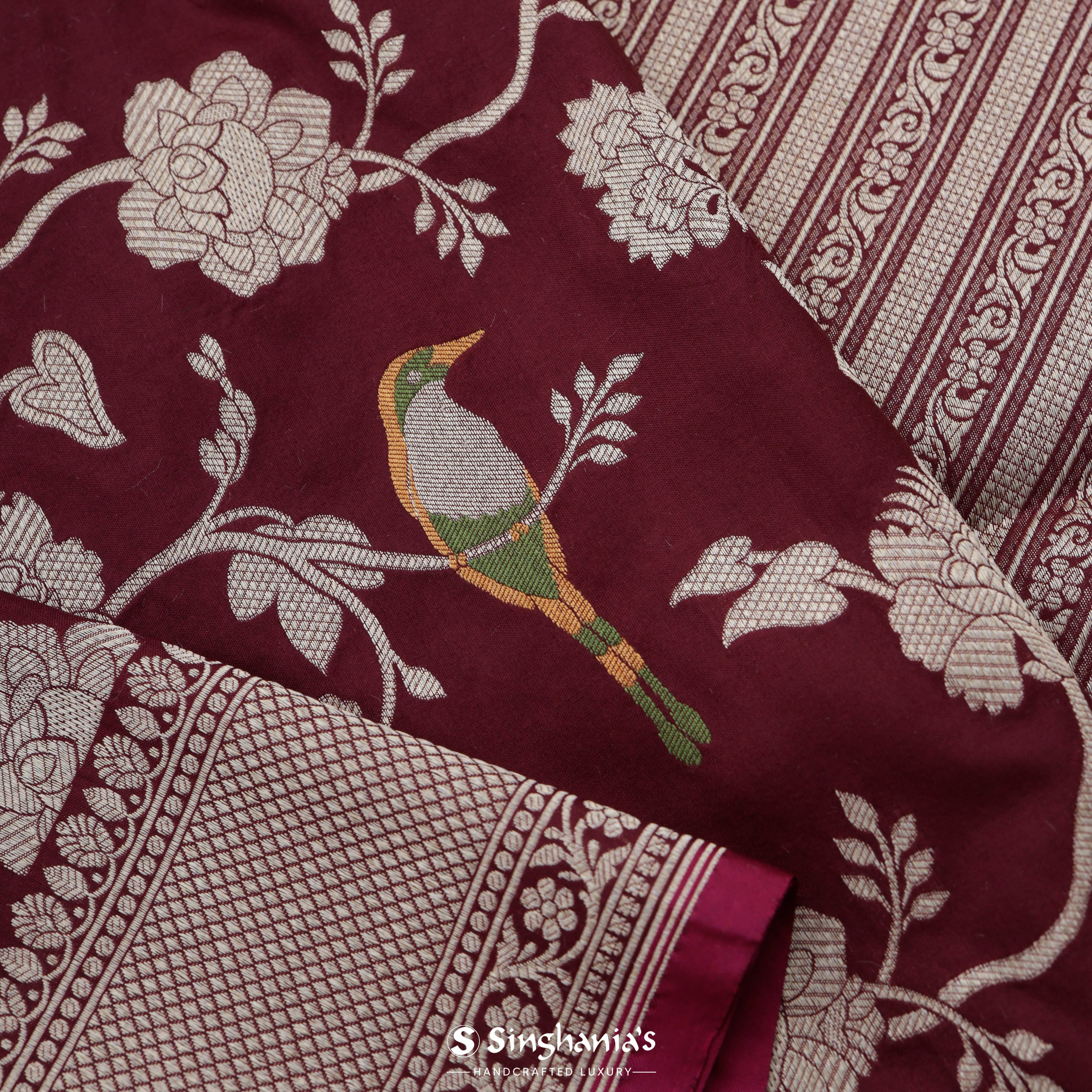 Wine Red Banarasi Silk Saree With Bird And Floral Motifs