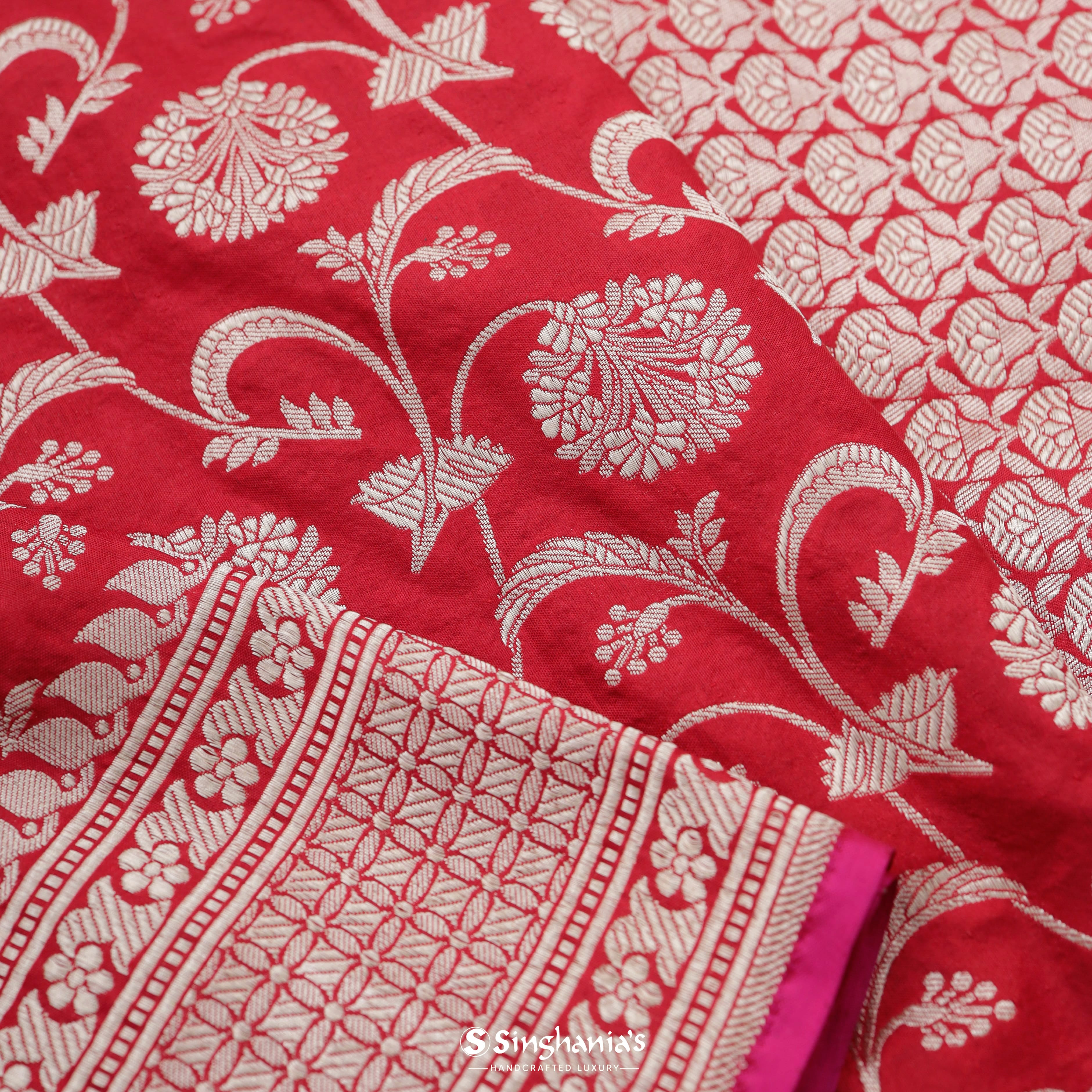 Amarnath Red Silk Banarasi Saree With Floral Jaal Design