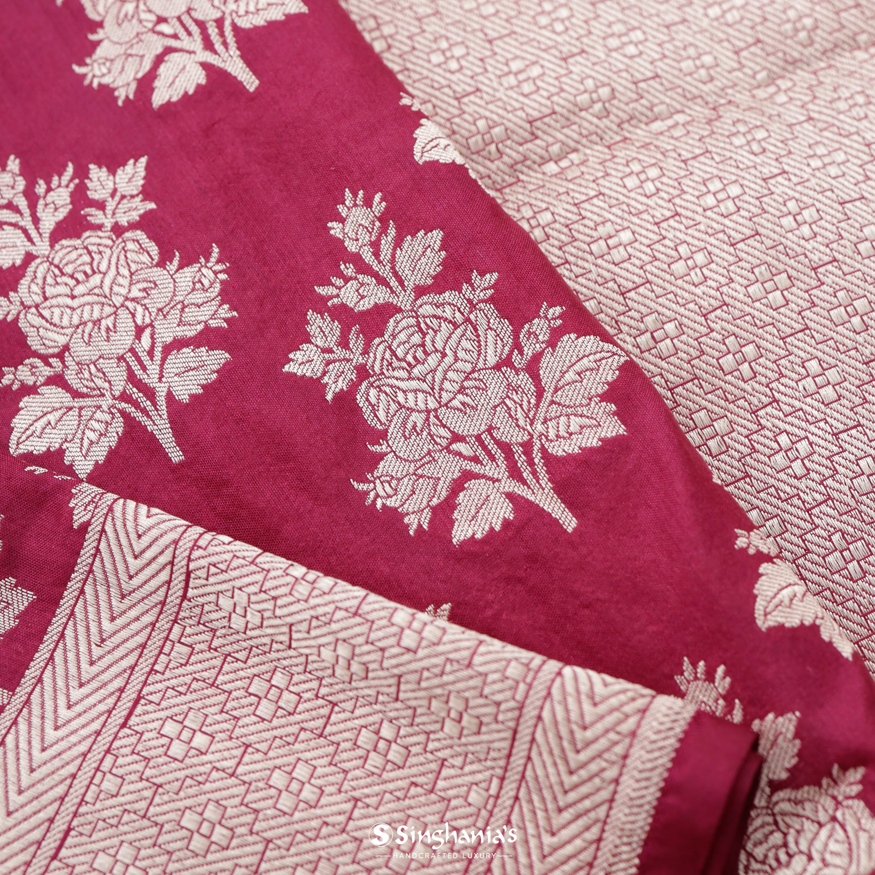 Dark Magenta Silk Banarasi Saree With Floral Buttas