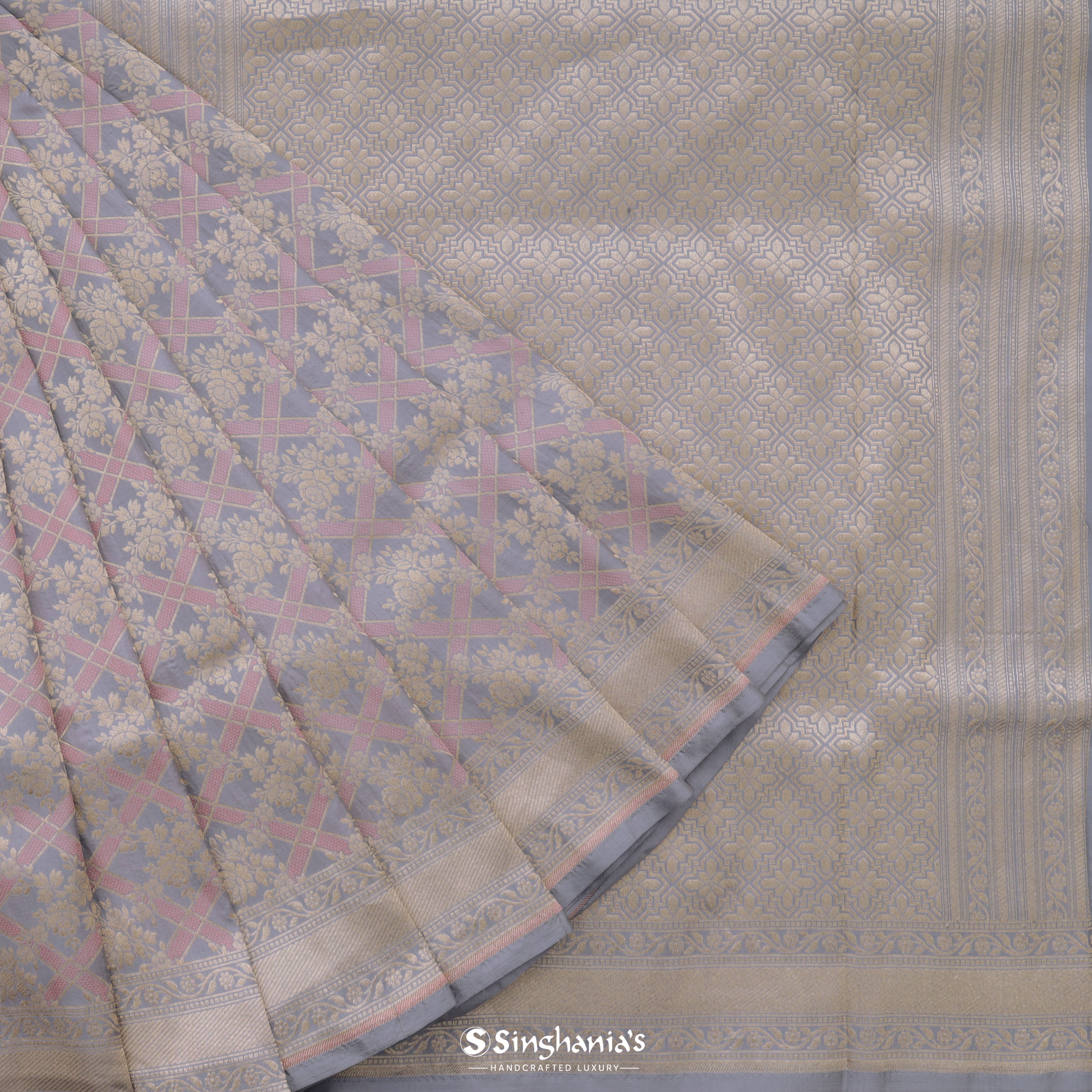 Pale Blue Silk Banarasi Saree With Floral Pattern