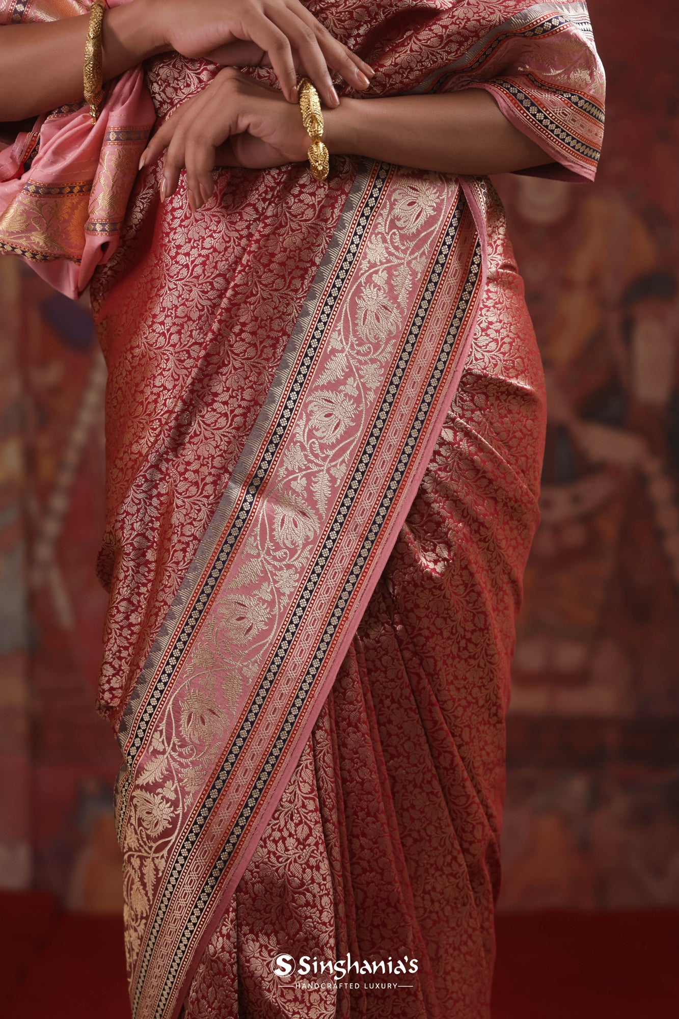 Bright Red Banarasi Silk Saree With Floral Jaal Weaving
