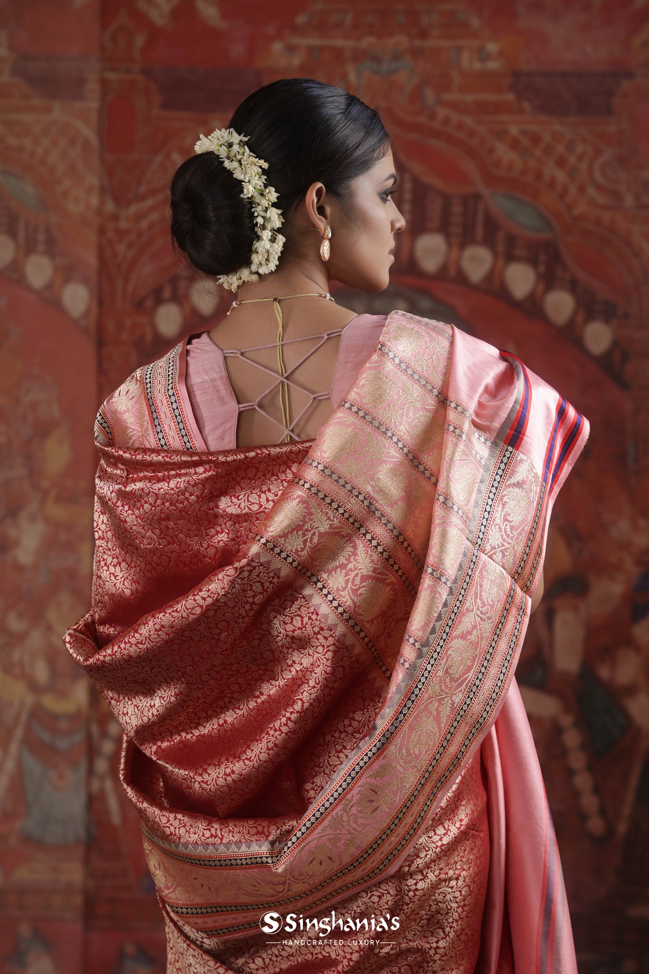 Bright Red Banarasi Silk Saree With Floral Jaal Weaving