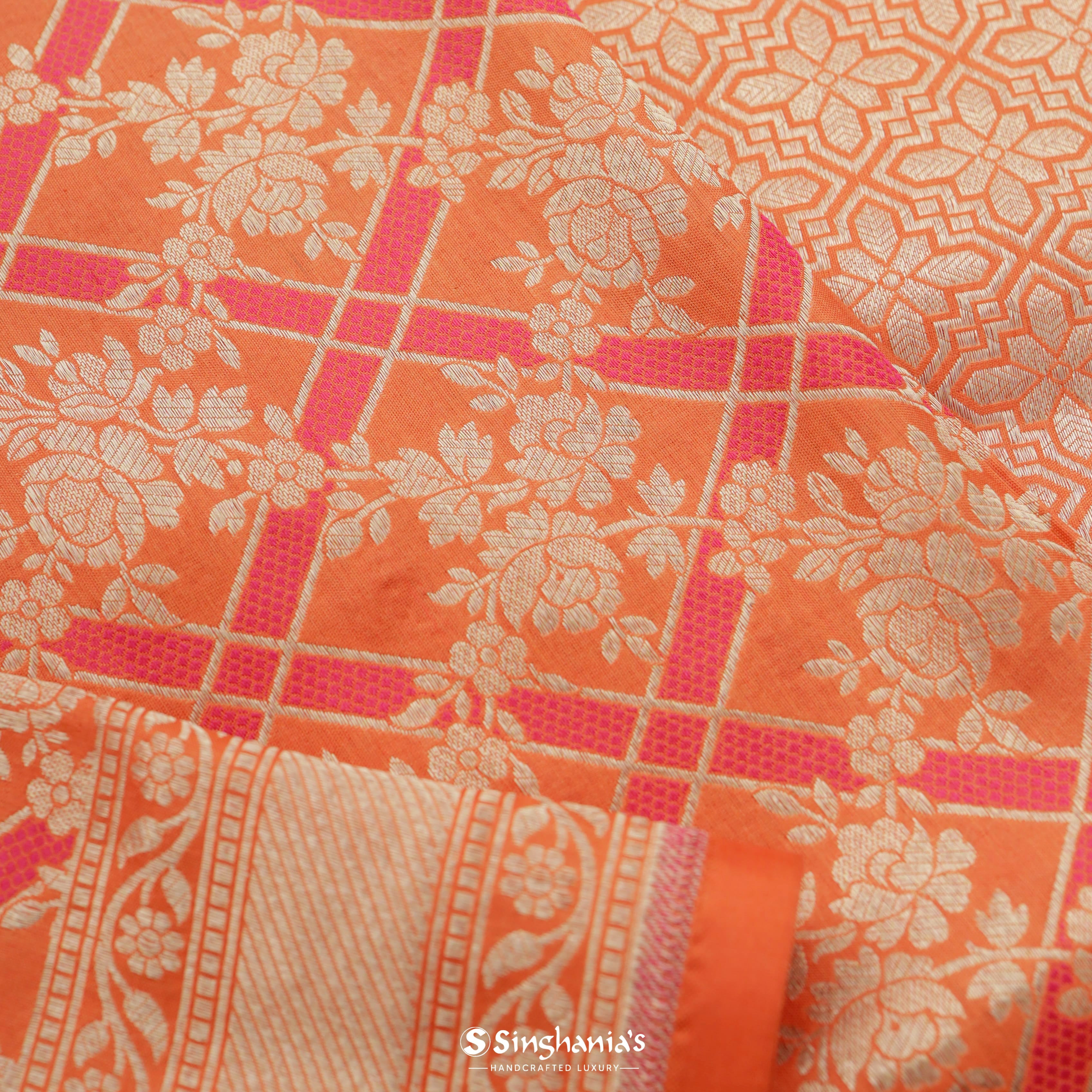 Tiger Orange Silk Banarasi Saree With Striped Floral Pattern
